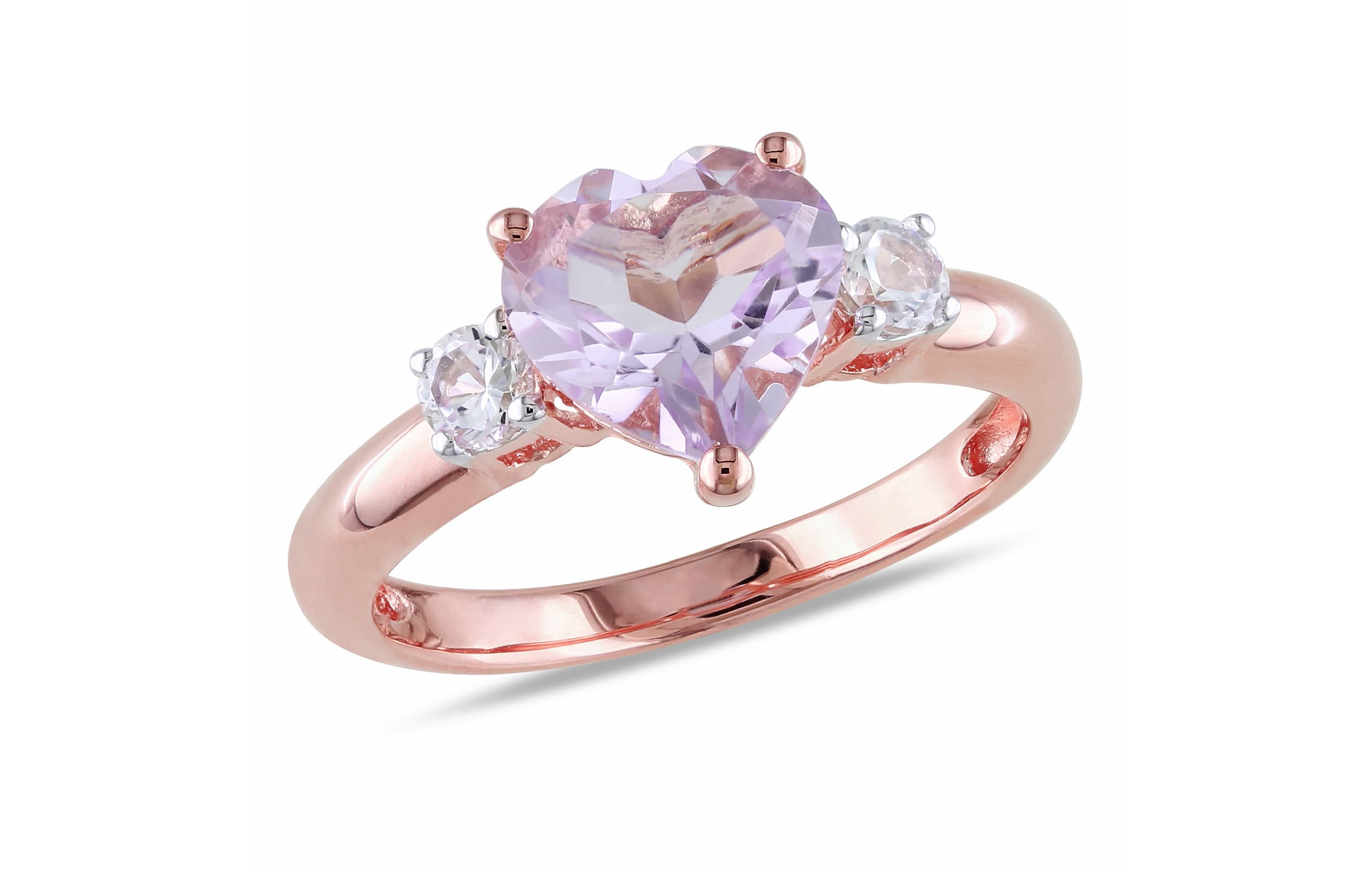 Lab Created Rose de France and Created White Sapphire Heart Ring in Rose Plated Sterling Silver