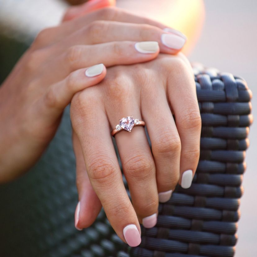 Lab Created Rose de France and Created White Sapphire Heart Ring in Rose Plated Sterling Silver