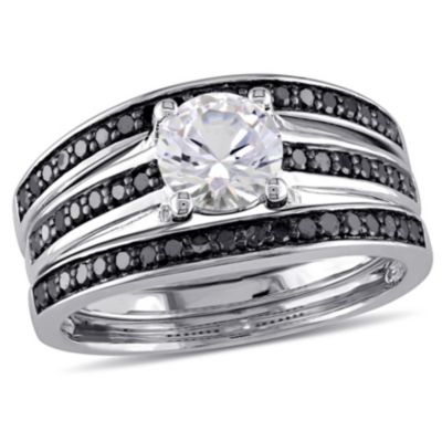 Belk & Co Lab Created White Sapphire and 1/2 ct. t.w. Black Diamond Split Shank Bridal Ring Set in Sterling Silver with Black Rhodium Plated, 5