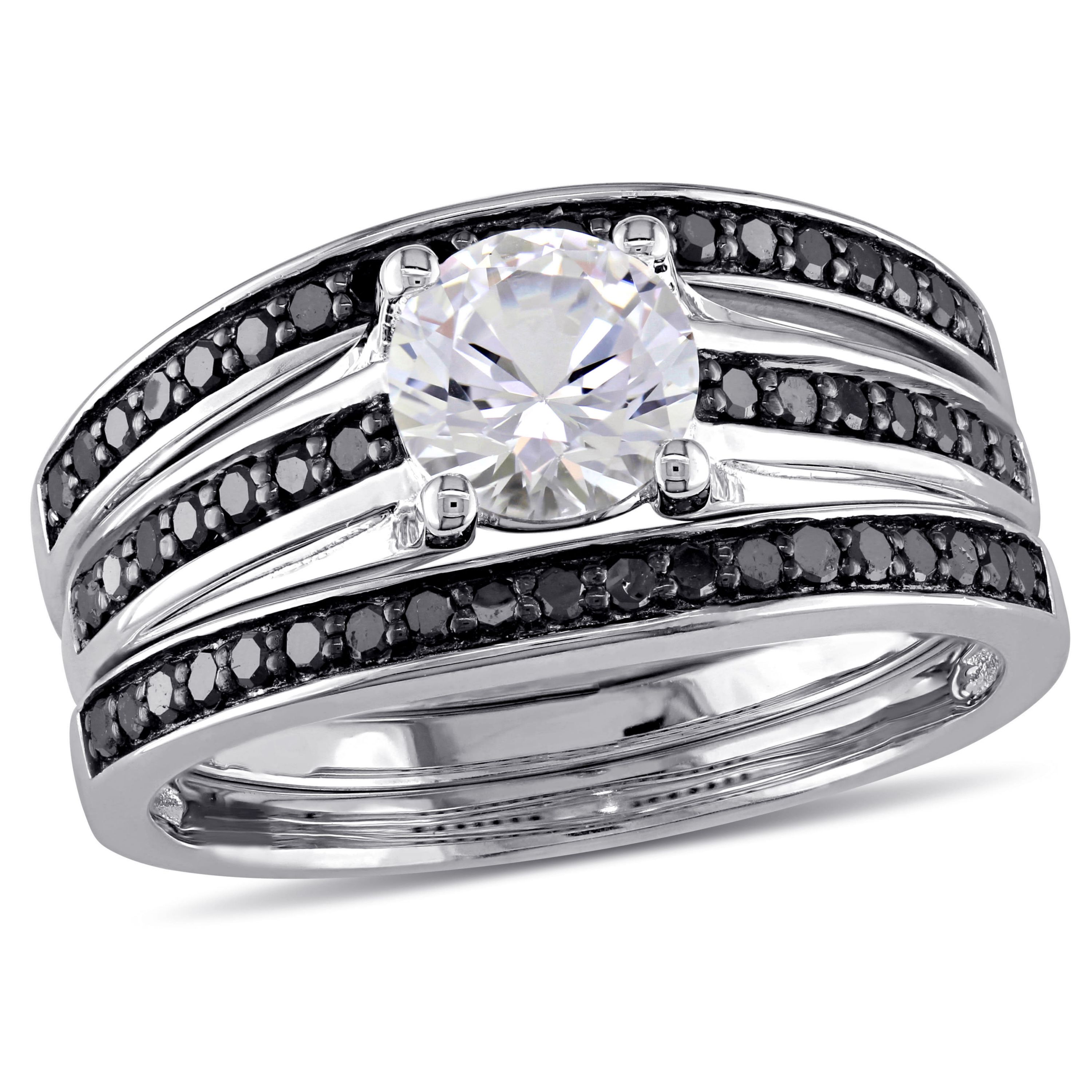 Lab Created Created White Sapphire and 1/2 ct. t.w. Black Diamond  Split Shank Bridal Ring Set in Sterling Silver with Black Rhodium Plated
