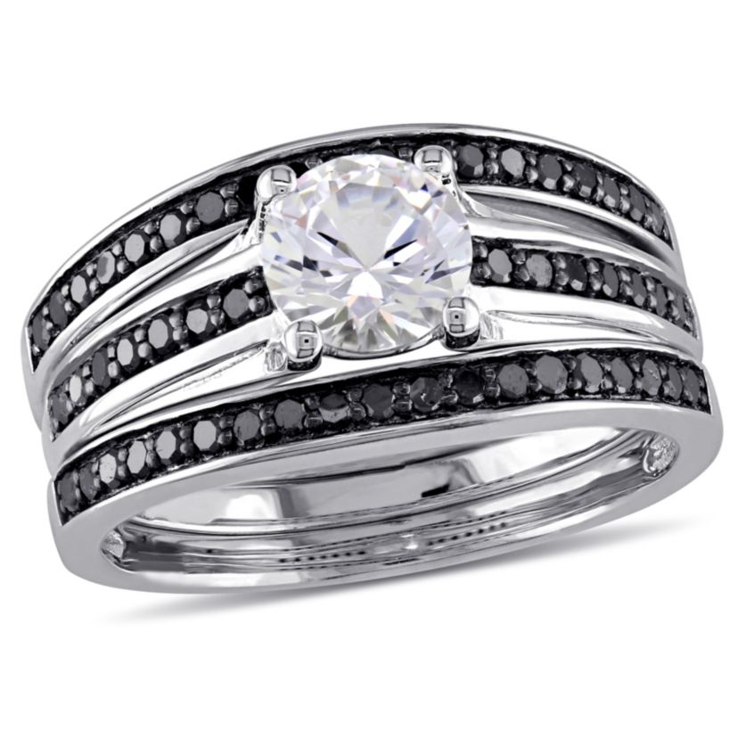 Lab Created Created White Sapphire and 1/2 ct. t.w. Black Diamond  Split Shank Bridal Ring Set in Sterling Silver with Black Rhodium Plated