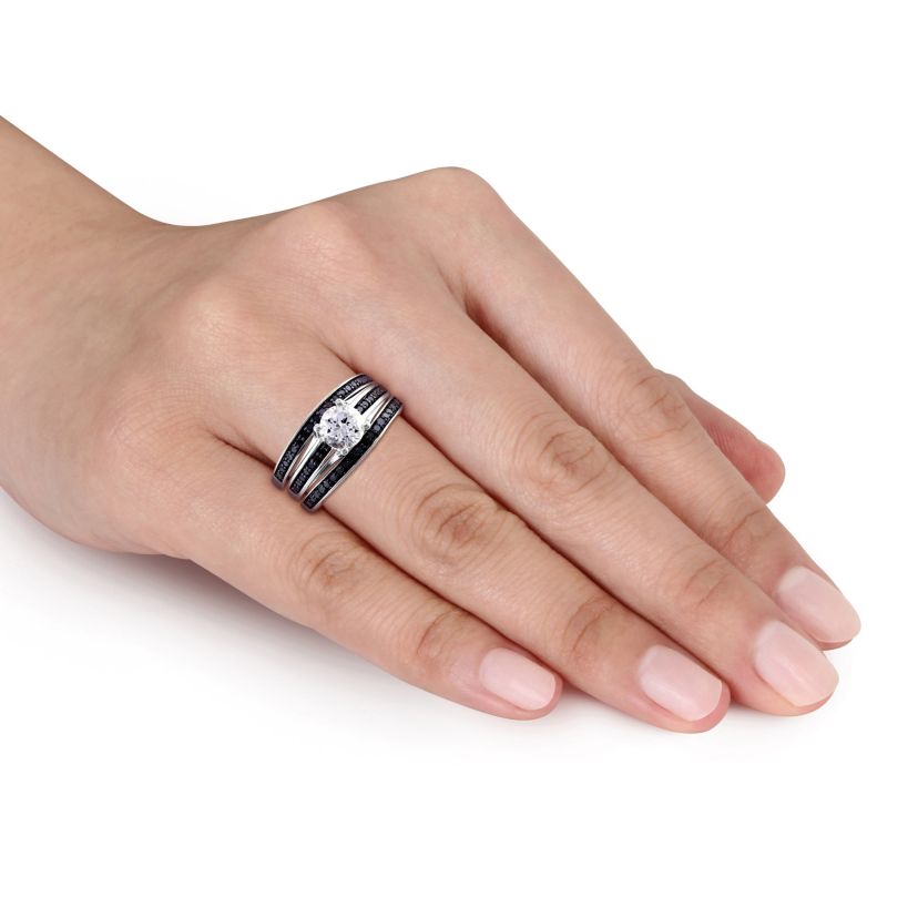 Lab Created Created White Sapphire and 1/2 ct. t.w. Black Diamond  Split Shank Bridal Ring Set in Sterling Silver with Black Rhodium Plated