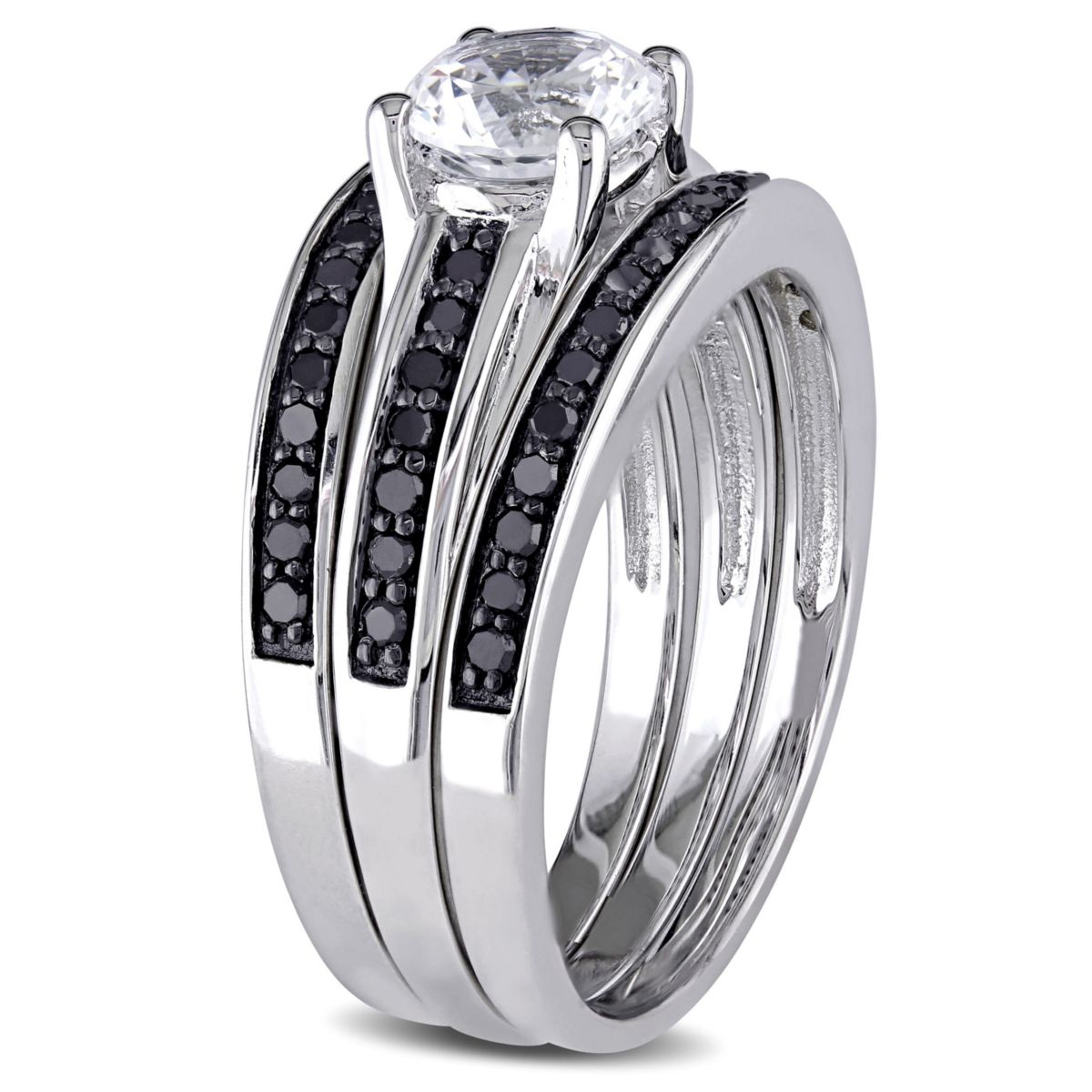 Lab Created Created White Sapphire and 1/2 ct. t.w. Black Diamond  Split Shank Bridal Ring Set in Sterling Silver with Black Rhodium Plated