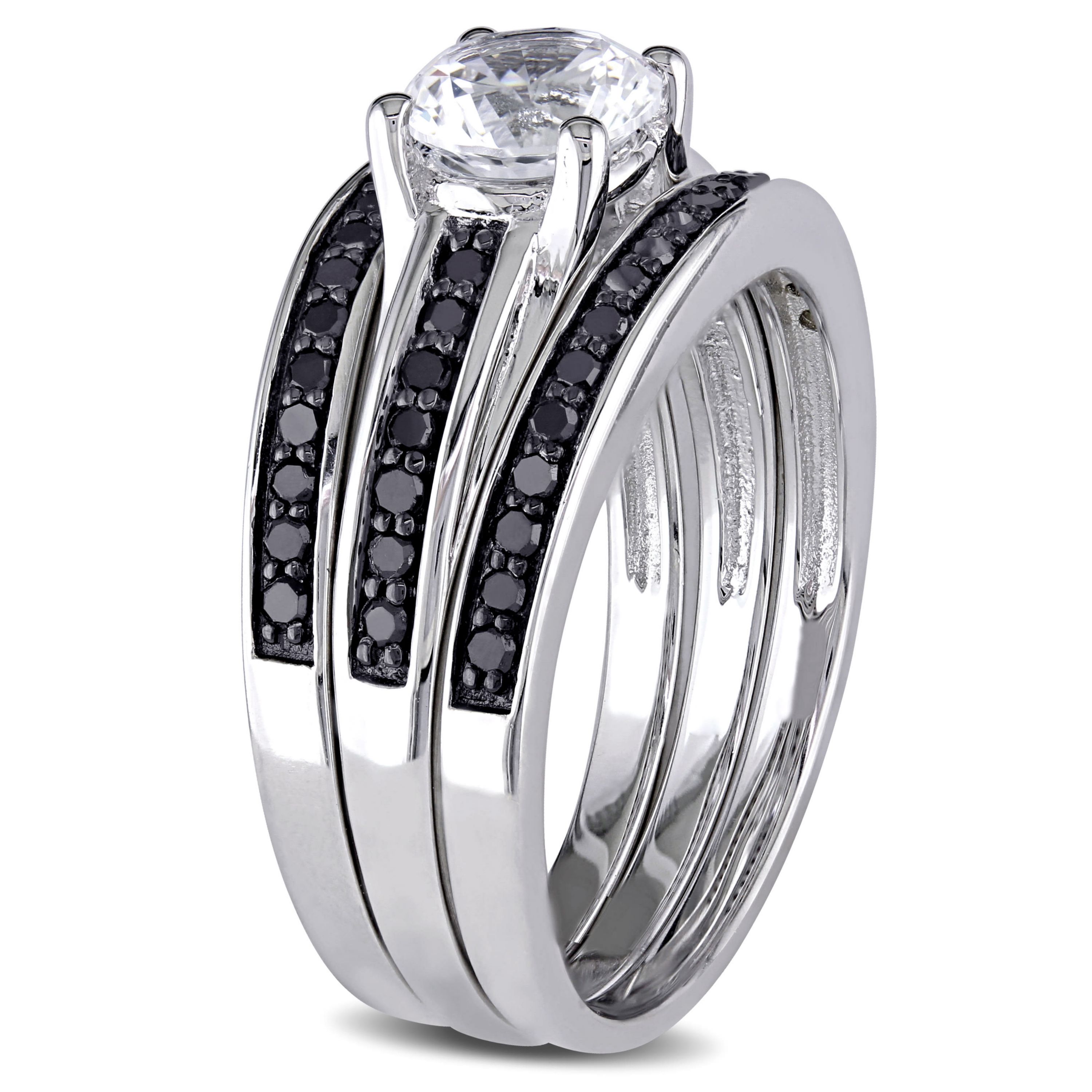 Lab Created Created White Sapphire and 1/2 ct. t.w. Black Diamond  Split Shank Bridal Ring Set in Sterling Silver with Black Rhodium Plated
