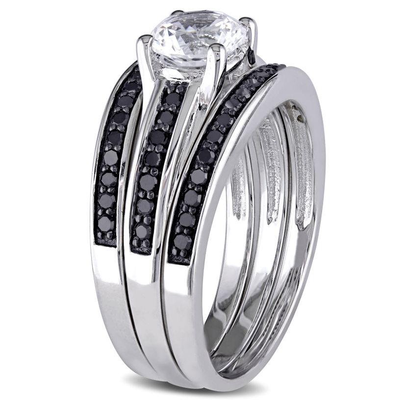 Lab Created Created White Sapphire and 1/2 ct. t.w. Black Diamond  Split Shank Bridal Ring Set in Sterling Silver with Black Rhodium Plated