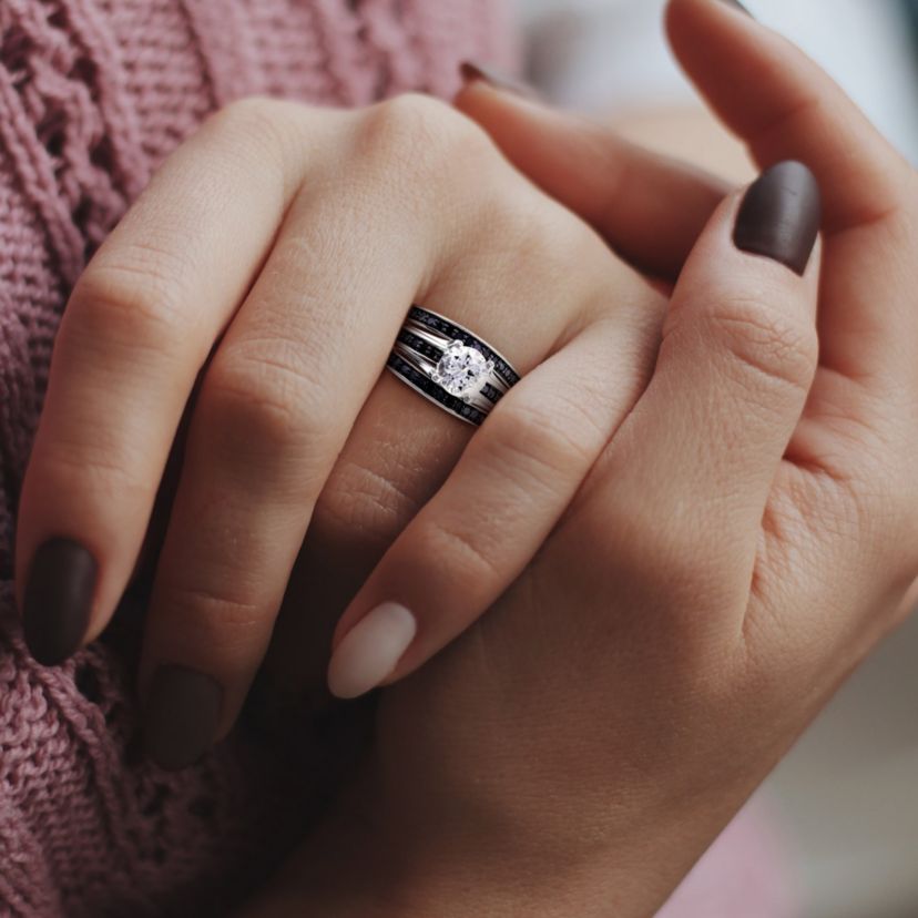 Lab Created Created White Sapphire and 1/2 ct. t.w. Black Diamond  Split Shank Bridal Ring Set in Sterling Silver with Black Rhodium Plated