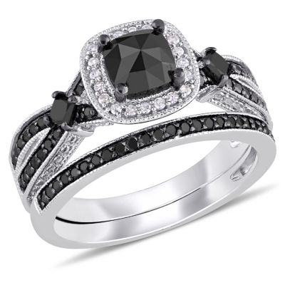 Belk & Co 1.54 ct. t.w. Black and White Diamond Split Shank Bridal Ring Set in Sterling Silver with Black Rhodium Plated, 5.5
