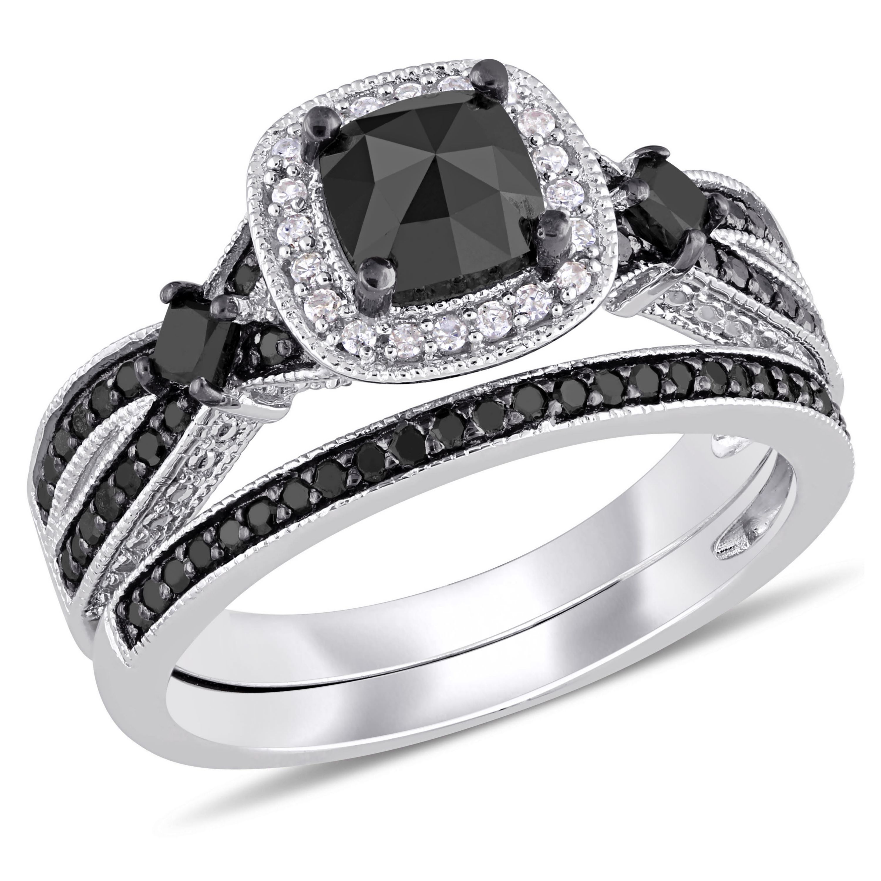1.54 ct. t.w. Black and White Diamond Split Shank Bridal Ring Set in Sterling Silver with Black Rhodium Plated