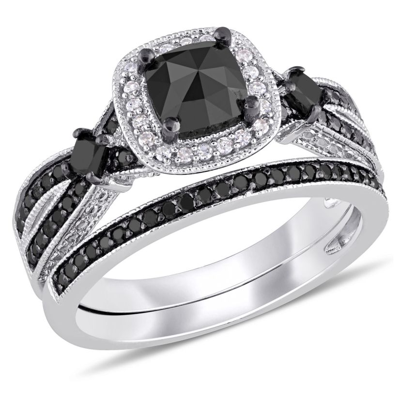 1.54 ct. t.w. Black and White Diamond Split Shank Bridal Ring Set in Sterling Silver with Black Rhodium Plated