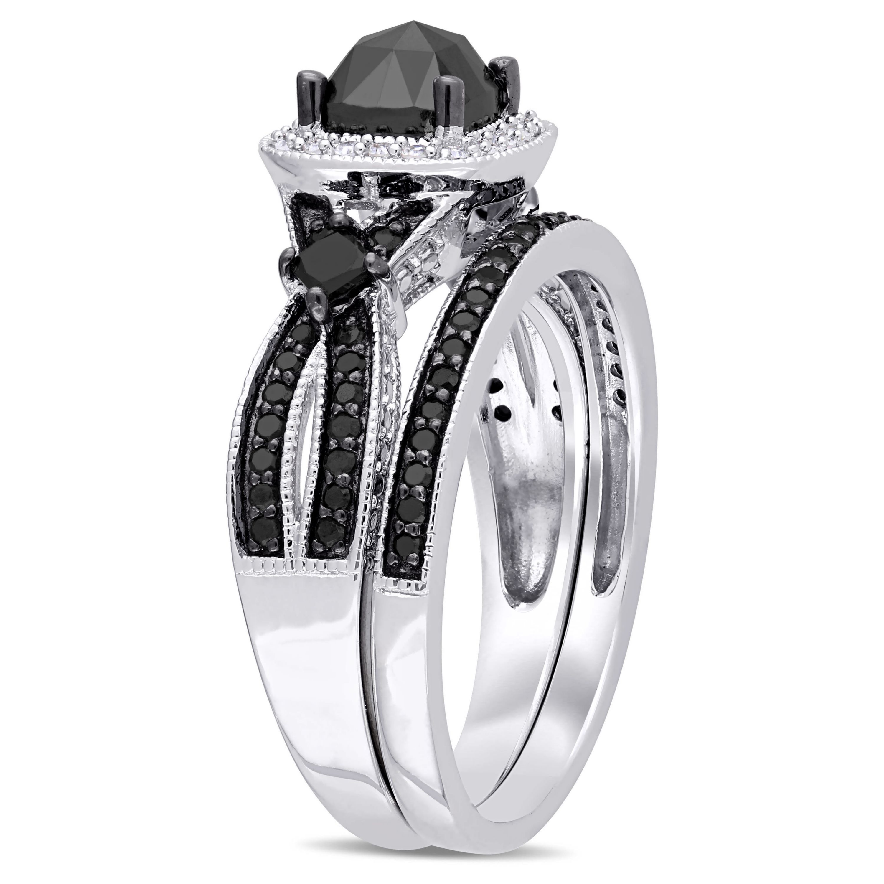 1.54 ct. t.w. Black and White Diamond Split Shank Bridal Ring Set in Sterling Silver with Black Rhodium Plated