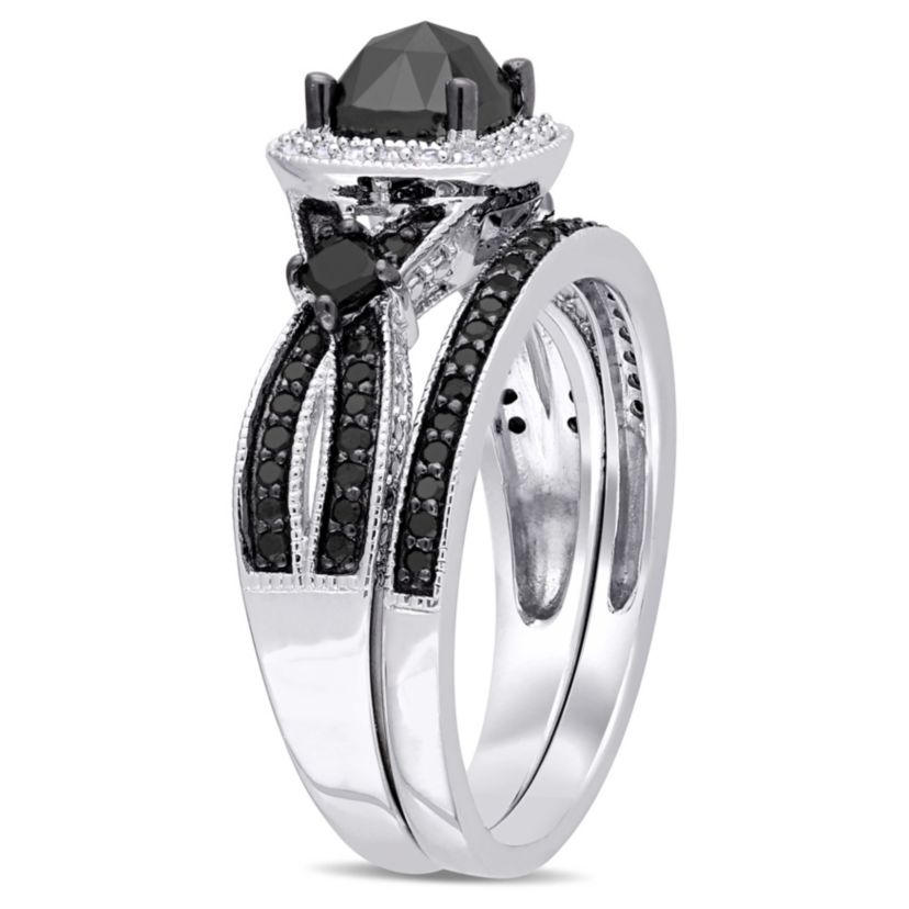 1.54 ct. t.w. Black and White Diamond Split Shank Bridal Ring Set in Sterling Silver with Black Rhodium Plated