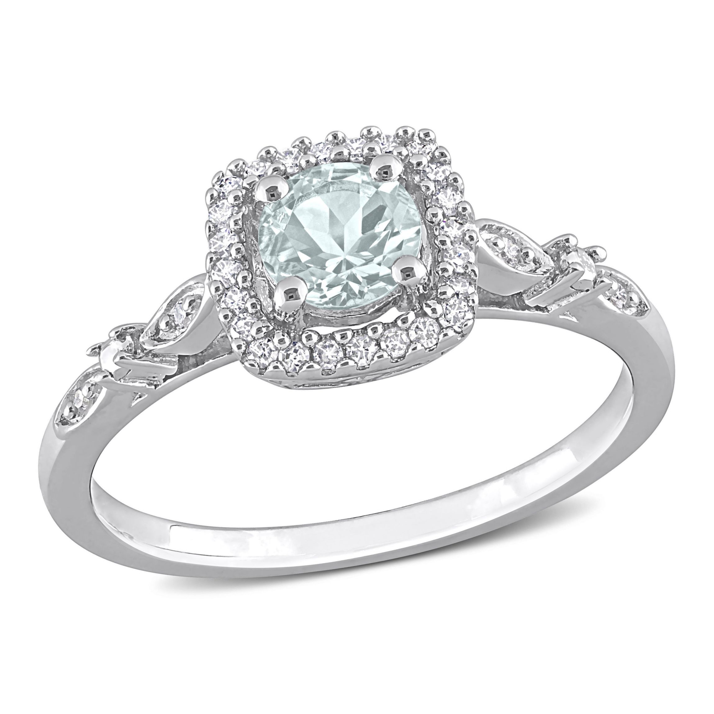Aquamarine and Diamond Accent Square Halo Ring in Sterling Silver