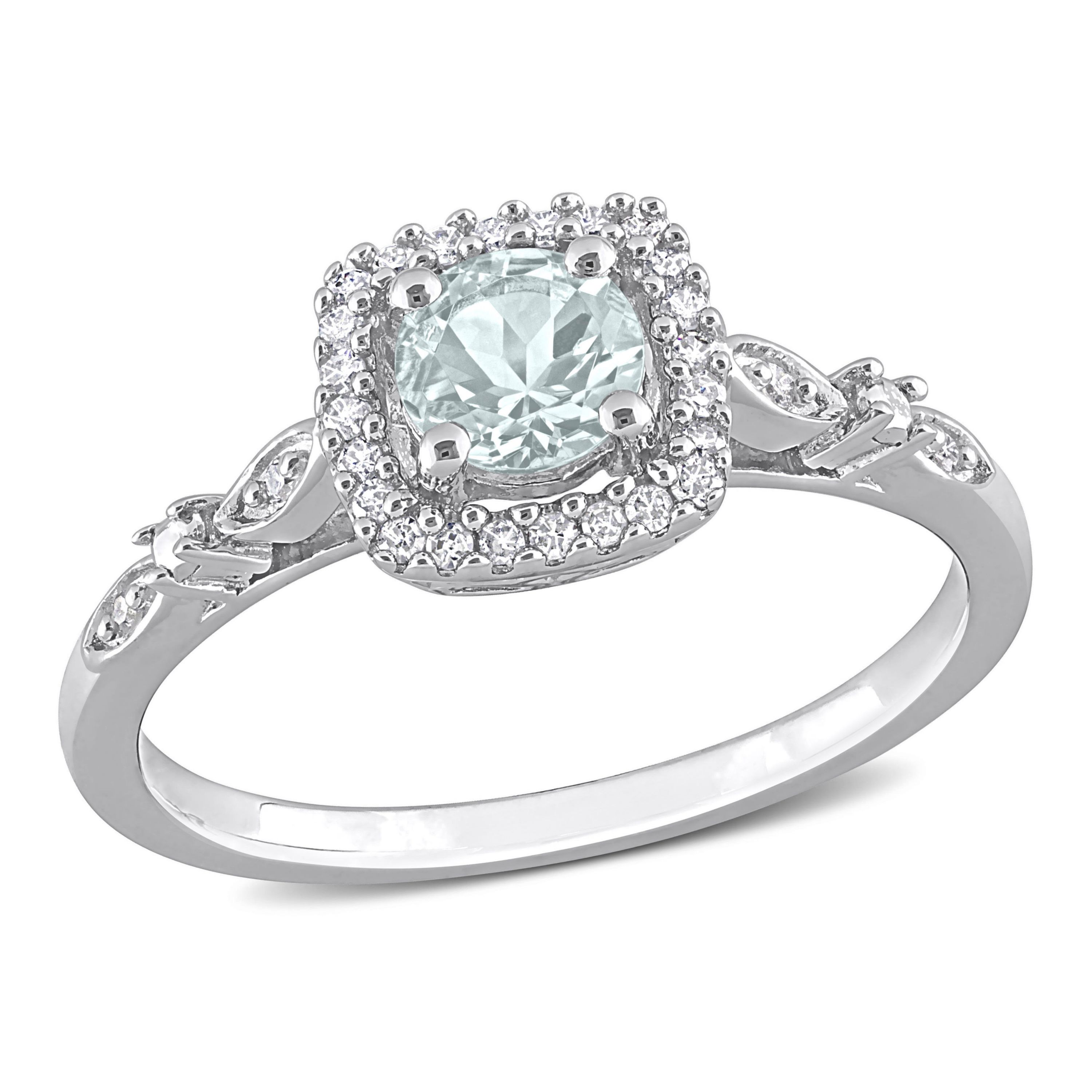 Aquamarine and Diamond Accent Square Halo Ring in Sterling Silver