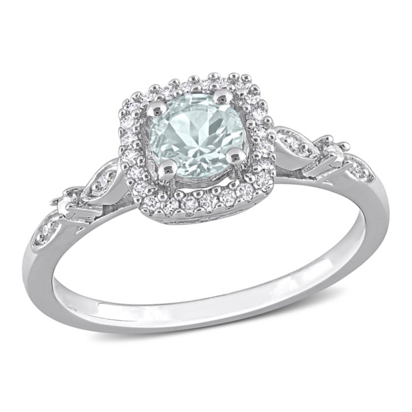Aquamarine and Diamond Accent Square Halo Ring in Sterling Silver