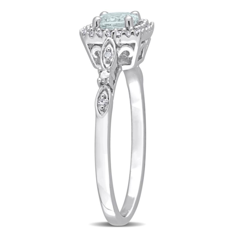 Aquamarine and Diamond Accent Square Halo Ring in Sterling Silver