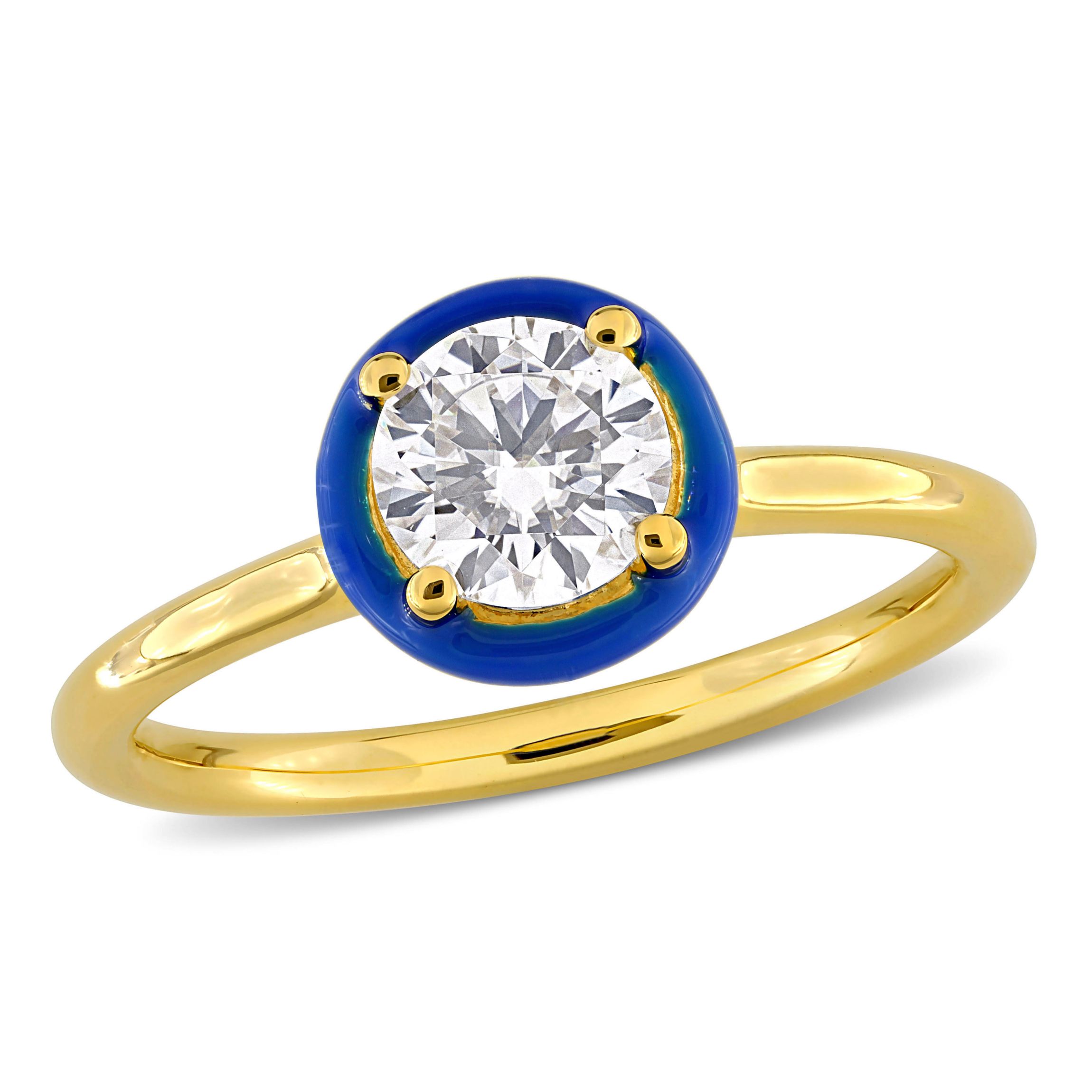 Lab Created Created Moissanite with Blue Enamel Solitaire Engagement Ring in Yellow Plated Sterling Silver