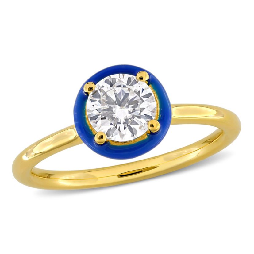Lab Created Created Moissanite with Blue Enamel Solitaire Engagement Ring in Yellow Plated Sterling Silver