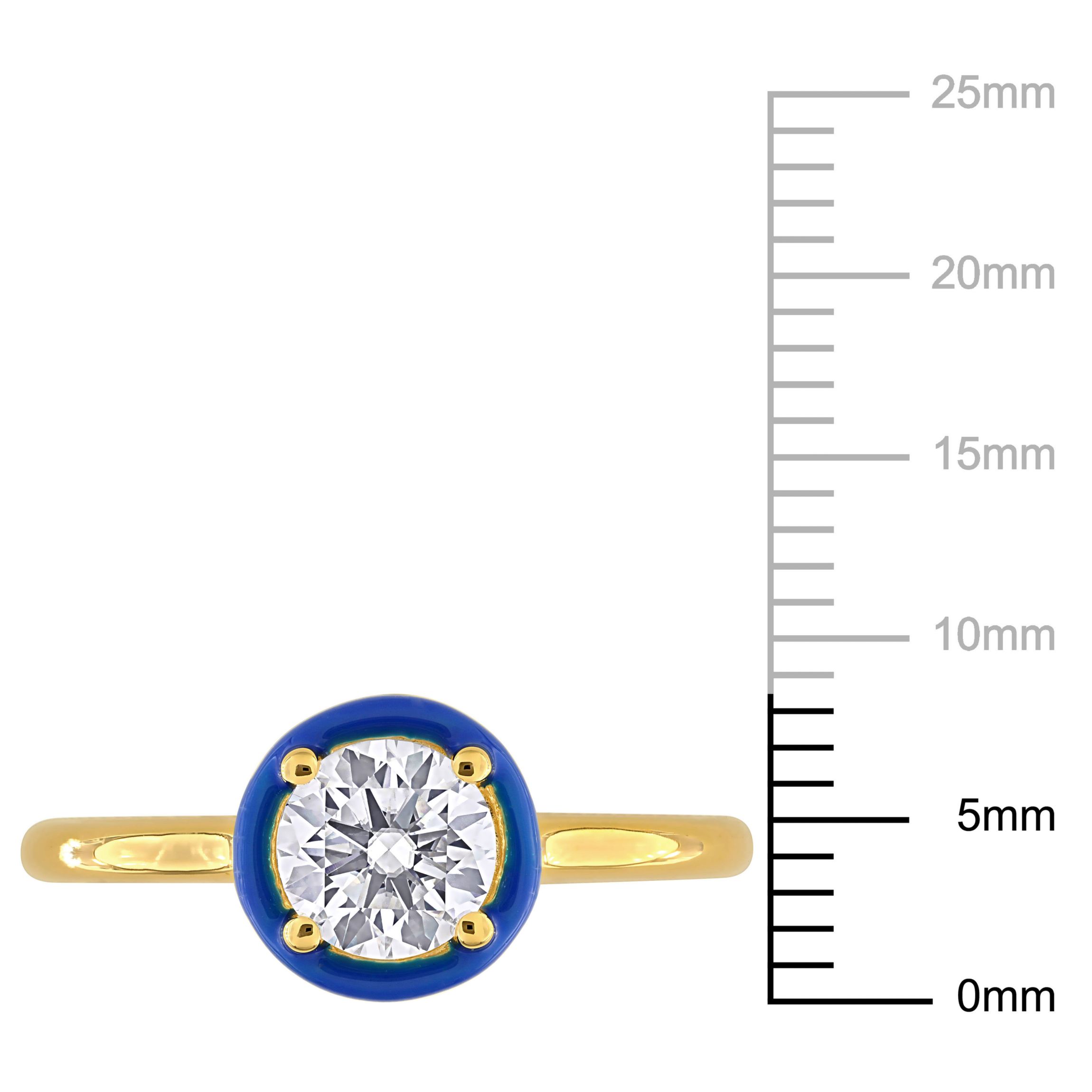 Lab Created Created Moissanite with Blue Enamel Solitaire Engagement Ring in Yellow Plated Sterling Silver