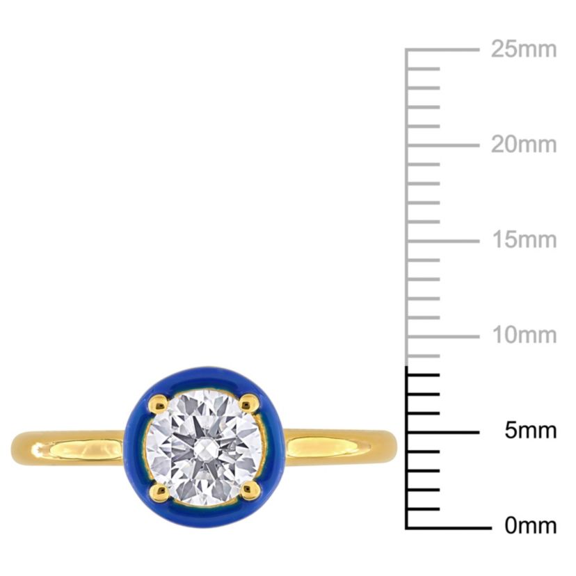 Lab Created Created Moissanite with Blue Enamel Solitaire Engagement Ring in Yellow Plated Sterling Silver