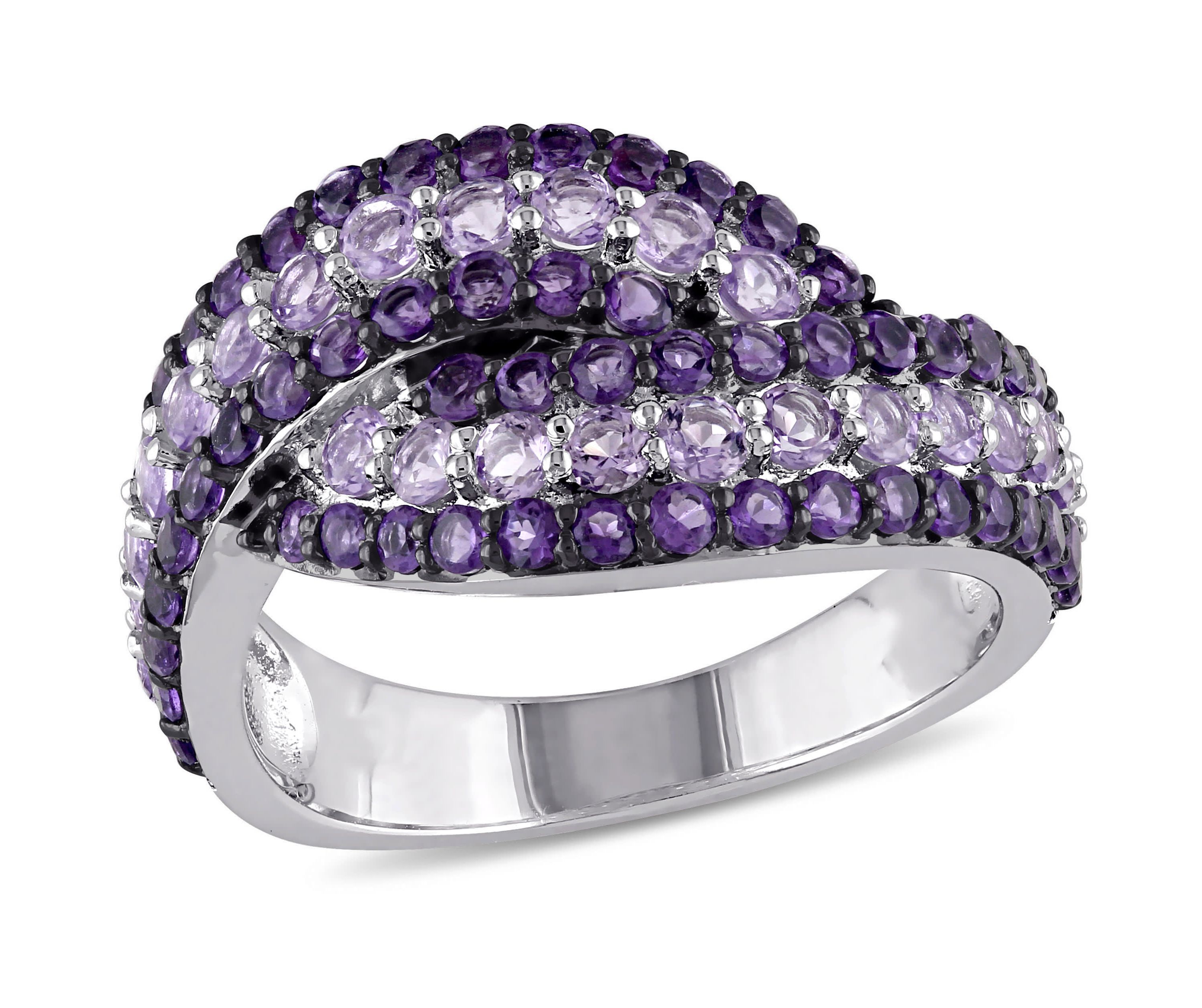 Amethyst and Rose de France Triple Row Twist Ring in Sterling Silver with Black Rhodium Plated