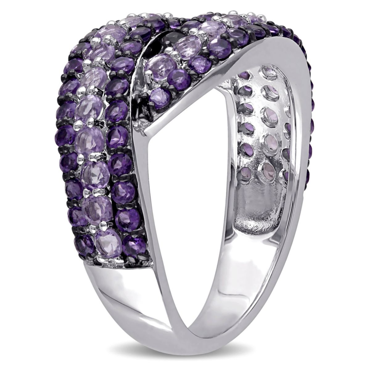 Amethyst and Rose de France Triple Row Twist Ring in Sterling Silver with Black Rhodium Plated