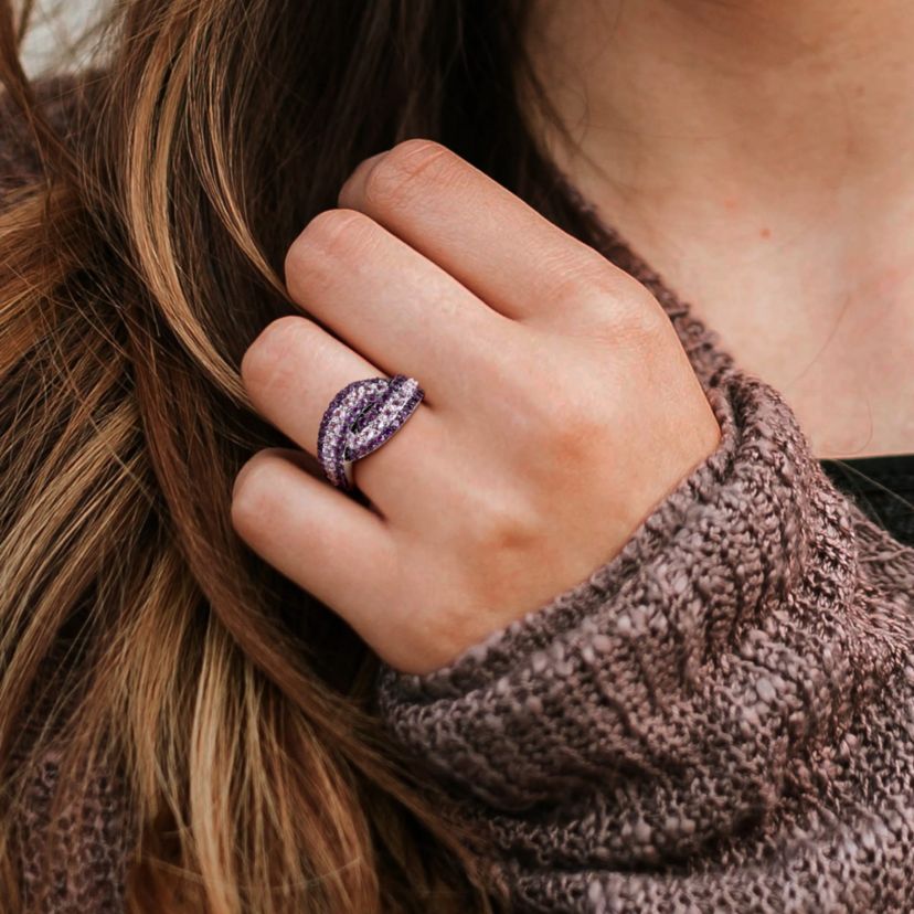 Amethyst and Rose de France Triple Row Twist Ring in Sterling Silver with Black Rhodium Plated