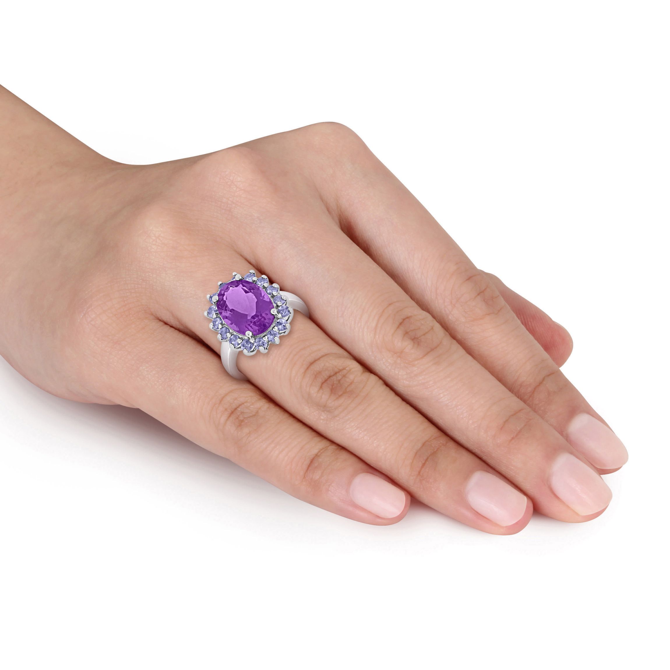 Amethyst and Tanzanite Halo Cocktail Ring in Sterling Silver