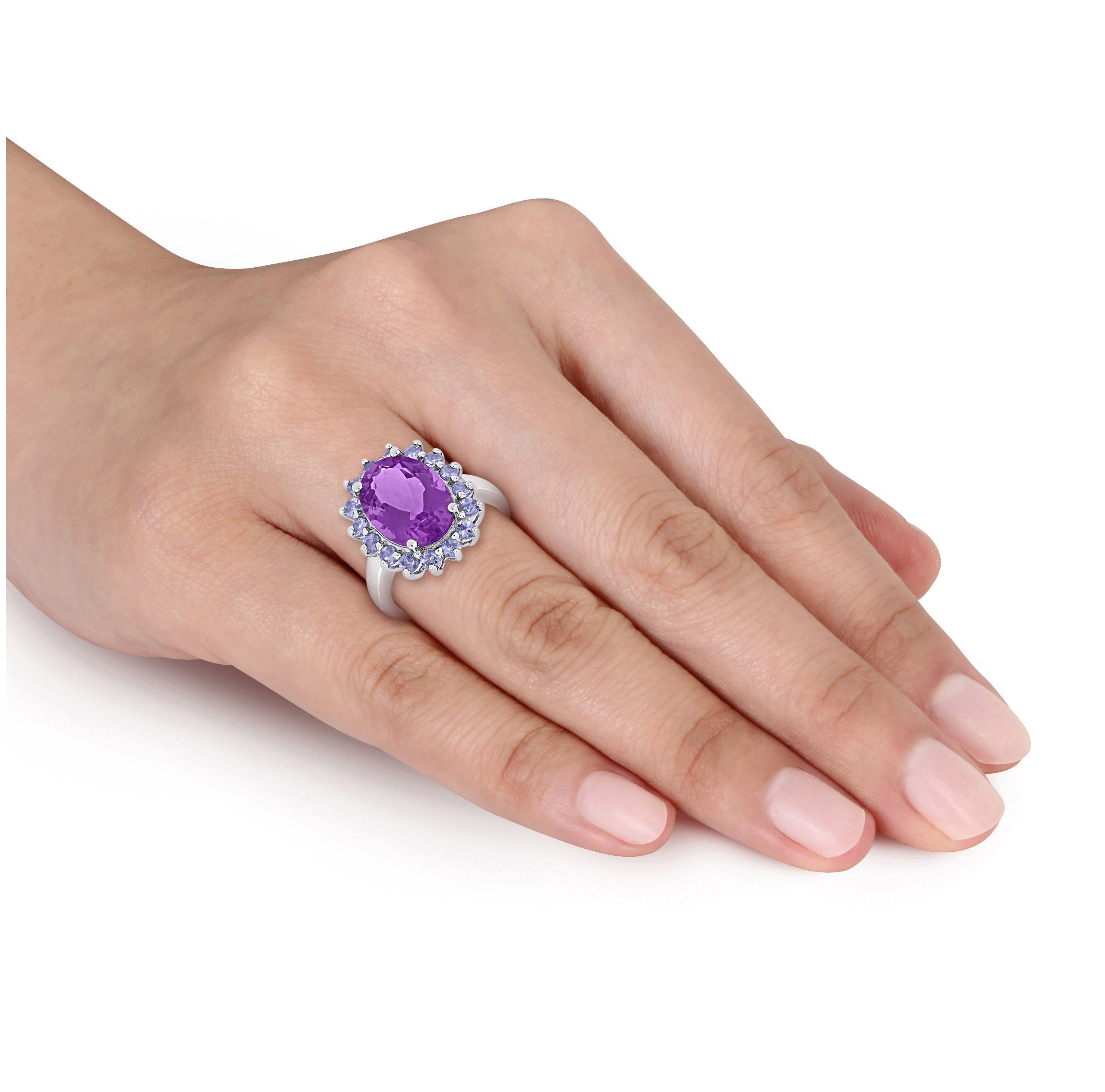 Amethyst and Tanzanite Halo Cocktail Ring in Sterling Silver