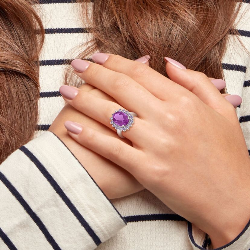 Amethyst and Tanzanite Halo Cocktail Ring in Sterling Silver
