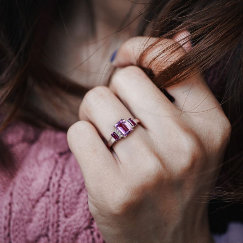 Amethyst with Diamond Accent 3-Stone Ring in 10K White Gold