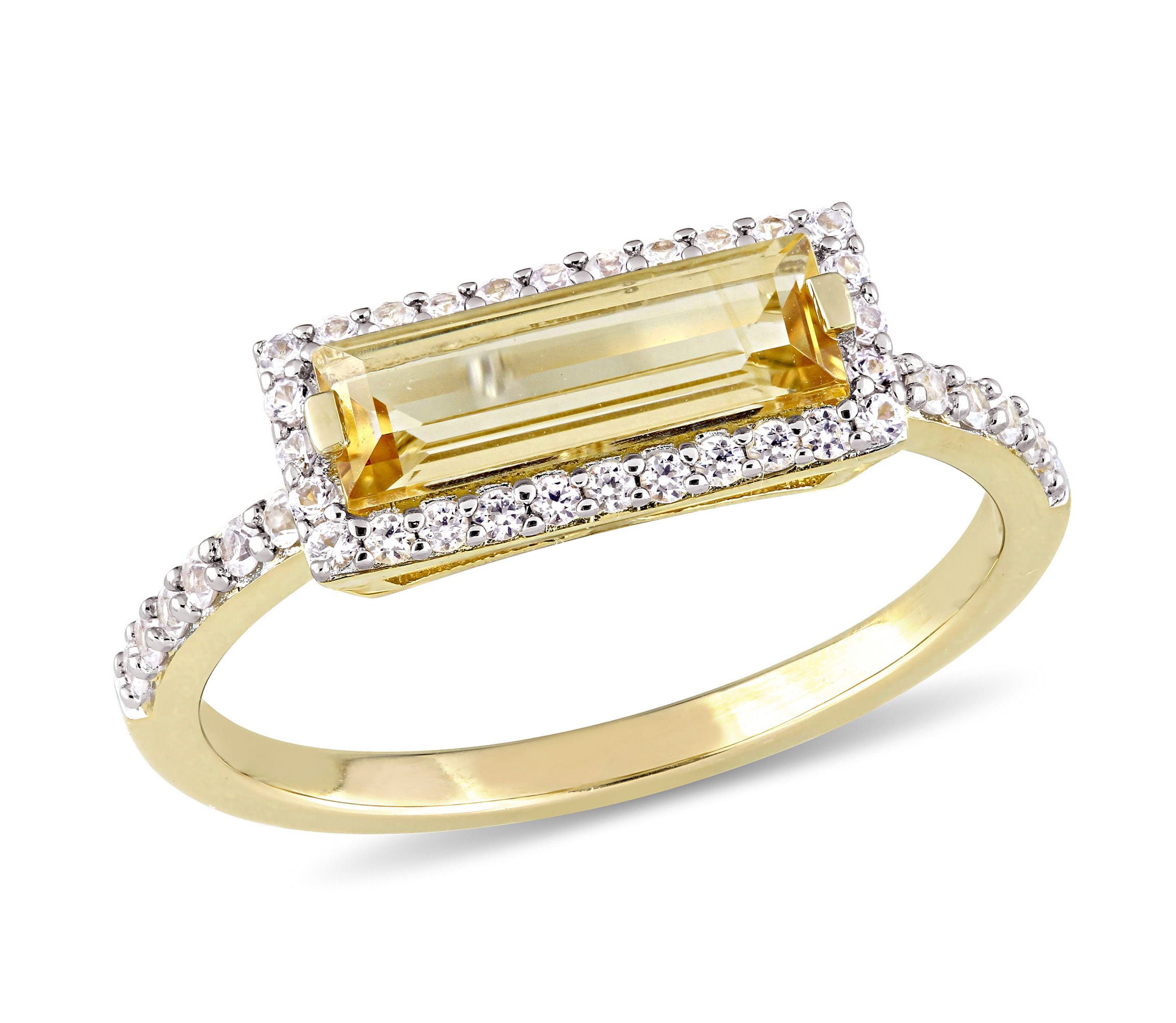 Citrine and White Sapphire Halo Ring in Yellow Plated Sterling Silver