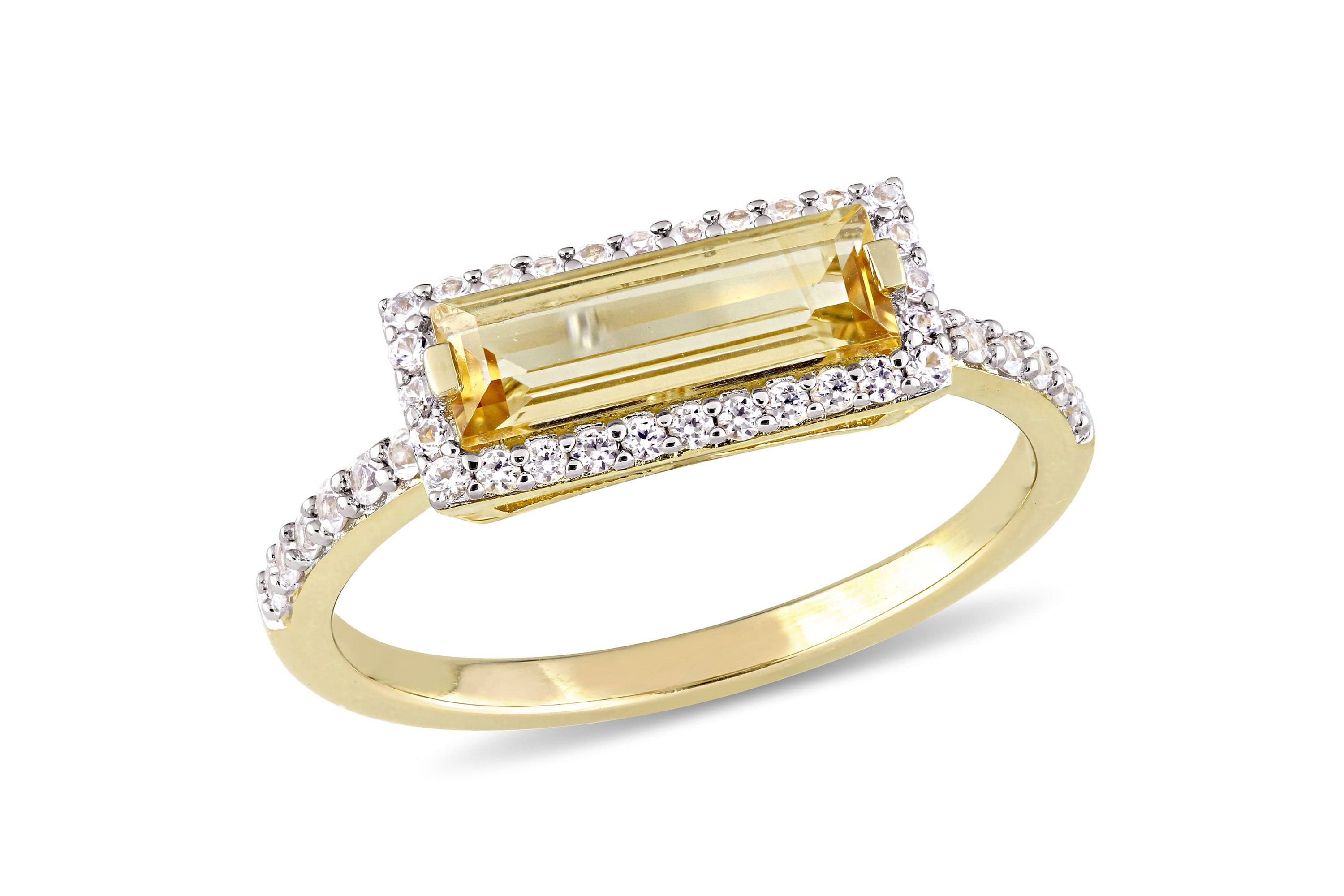 Citrine and White Sapphire Halo Ring in Yellow Plated Sterling Silver