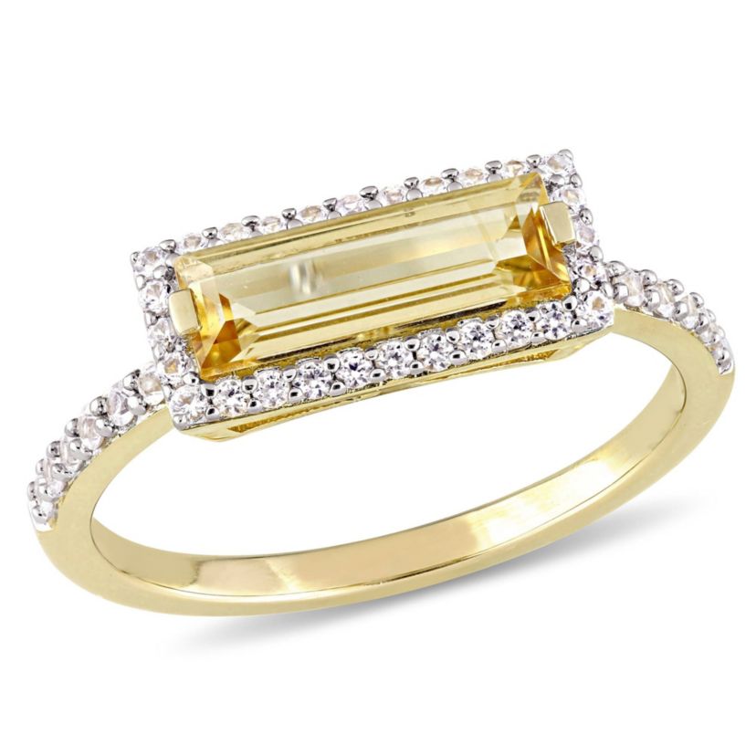 Citrine and White Sapphire Halo Ring in Yellow Plated Sterling Silver