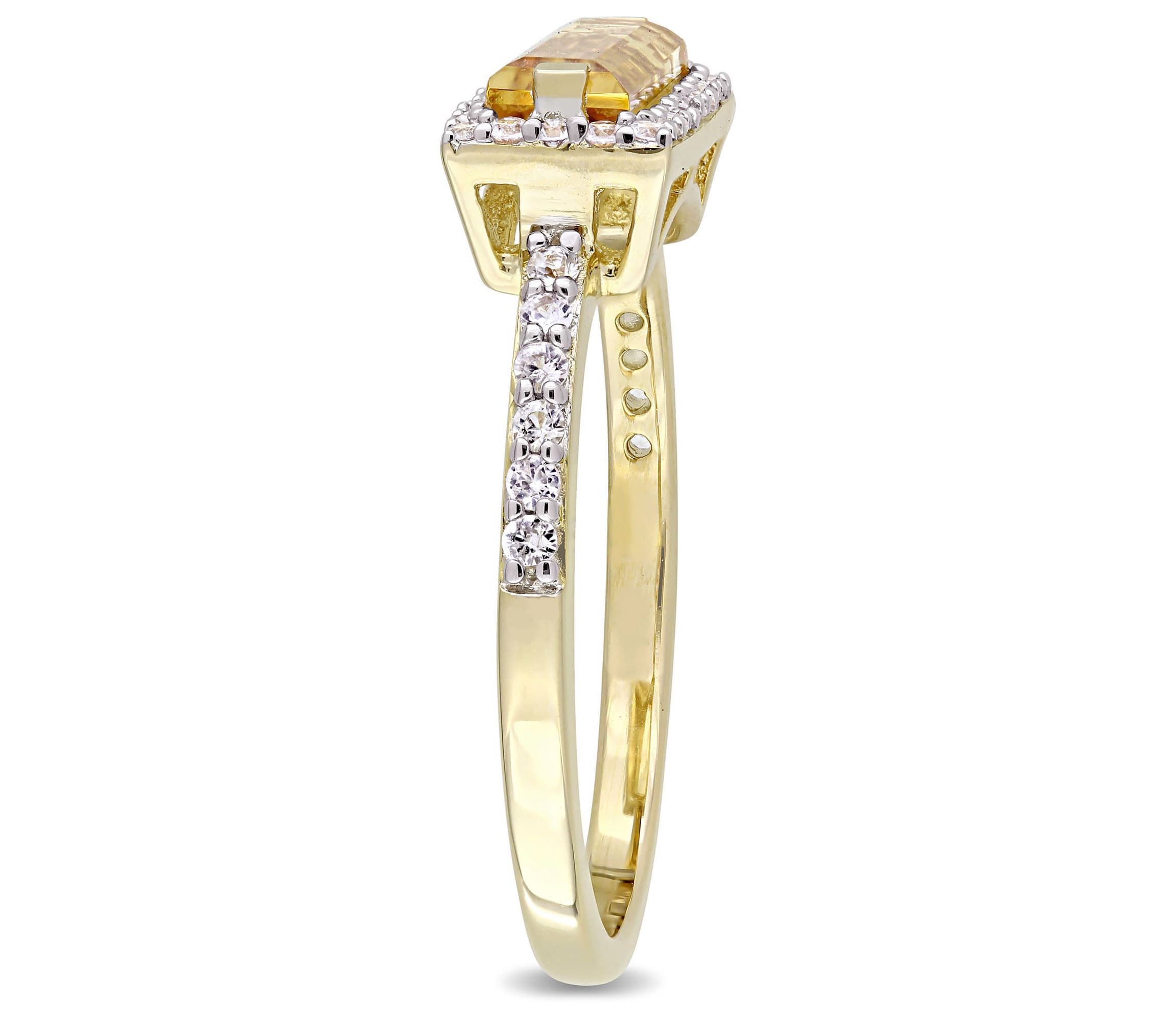 Citrine and White Sapphire Halo Ring in Yellow Plated Sterling Silver