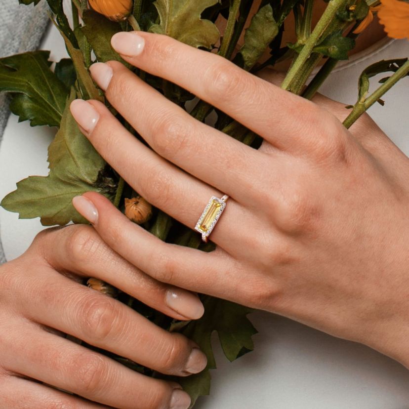 Citrine and White Sapphire Halo Ring in Yellow Plated Sterling Silver