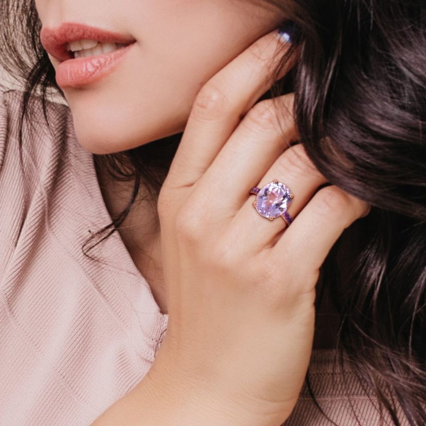 Amethyst and Rose de France Ring in Rose Plated Sterling Silver with Black Rhodium Plated
