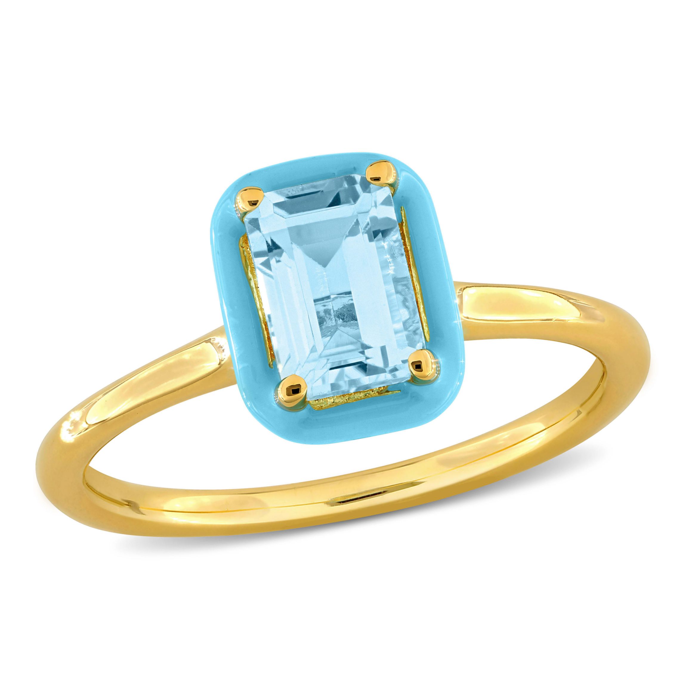Sky Blue Topaz with Light Blue Enamel Halo Ring in Yellow Plated Sterling Silver
