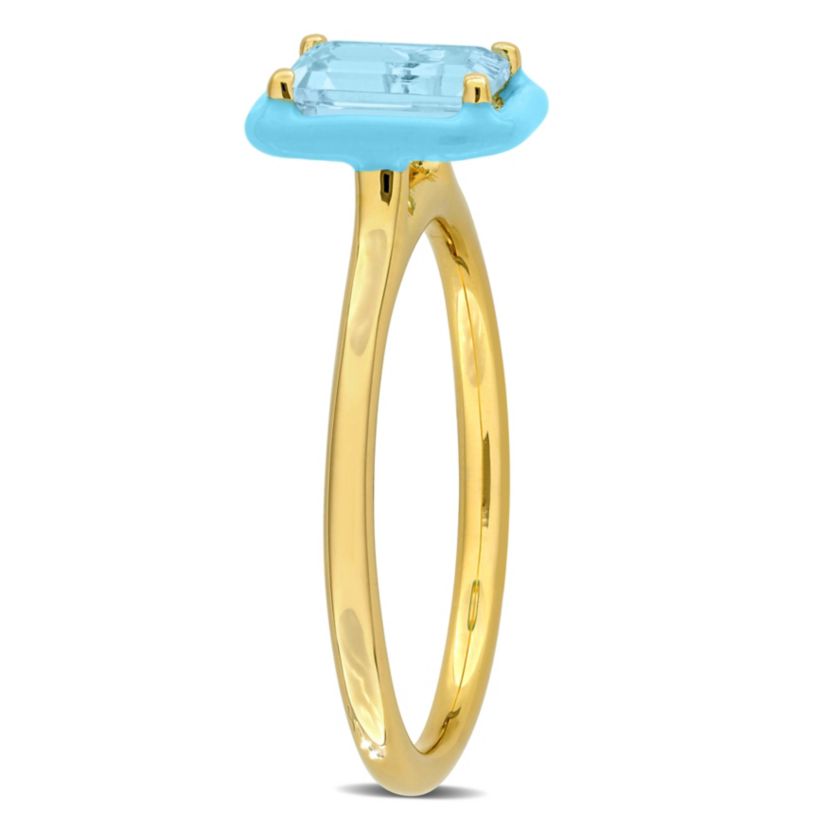 Sky Blue Topaz with Light Blue Enamel Halo Ring in Yellow Plated Sterling Silver