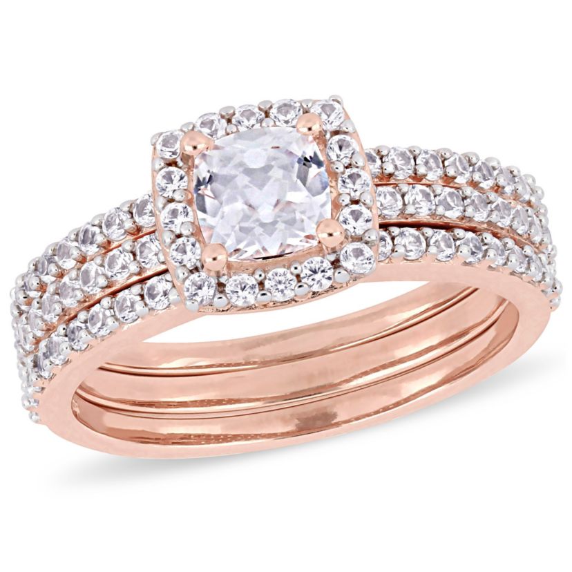 Lab Created Created White Sapphire Bridal Ring Set in Rose Plated Sterling Silver