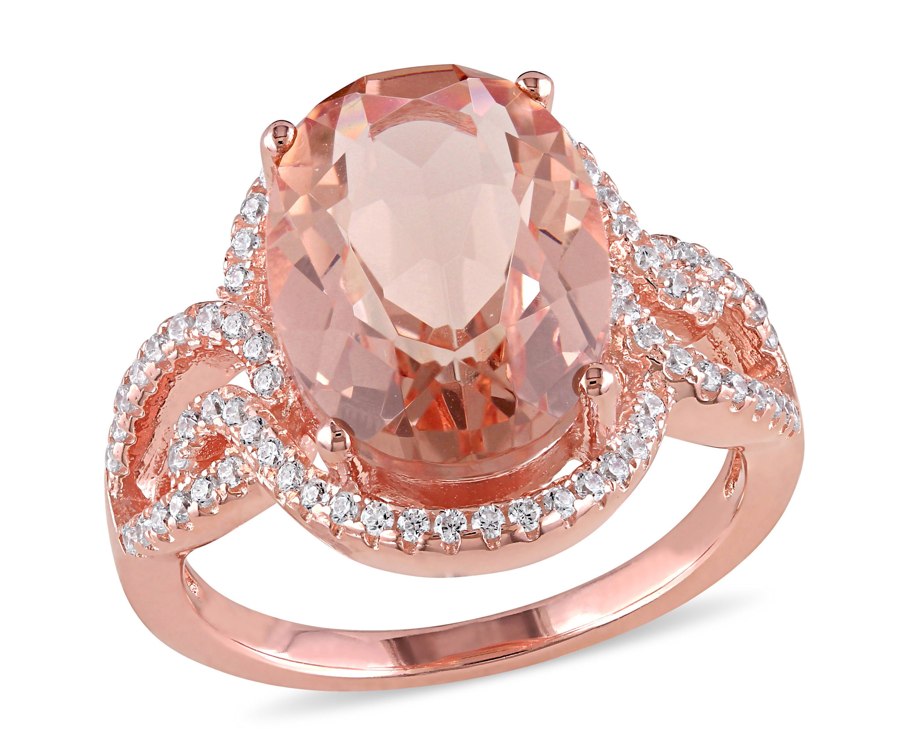 Simulated Morganite and Cubic Zirconia Halo Ring in Rose Plated Sterling Silver
