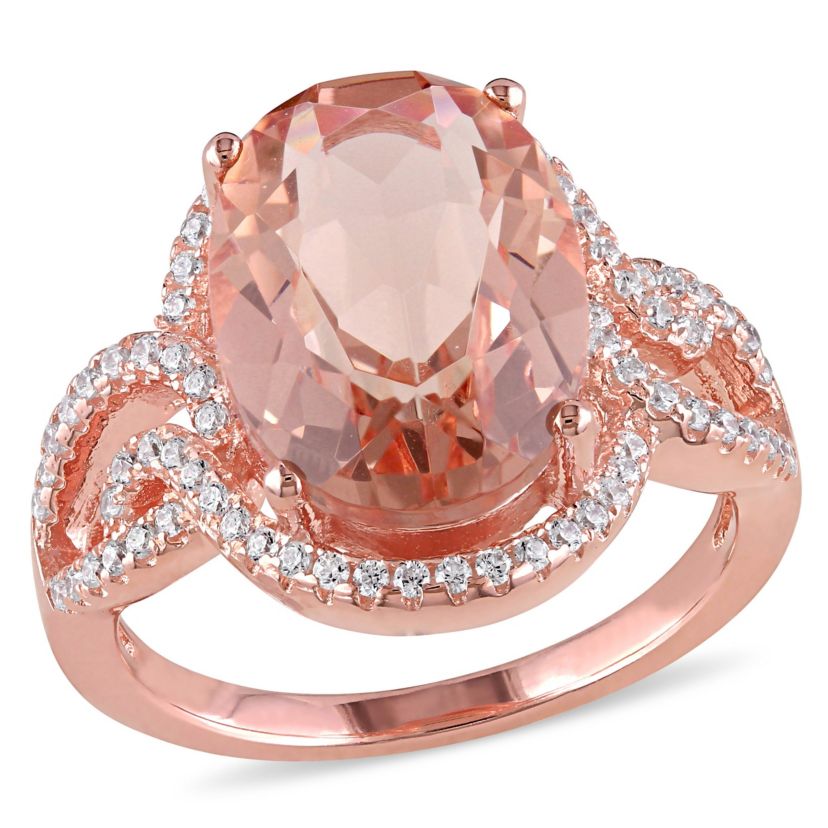Simulated Morganite and Cubic Zirconia Halo Ring in Rose Plated Sterling Silver
