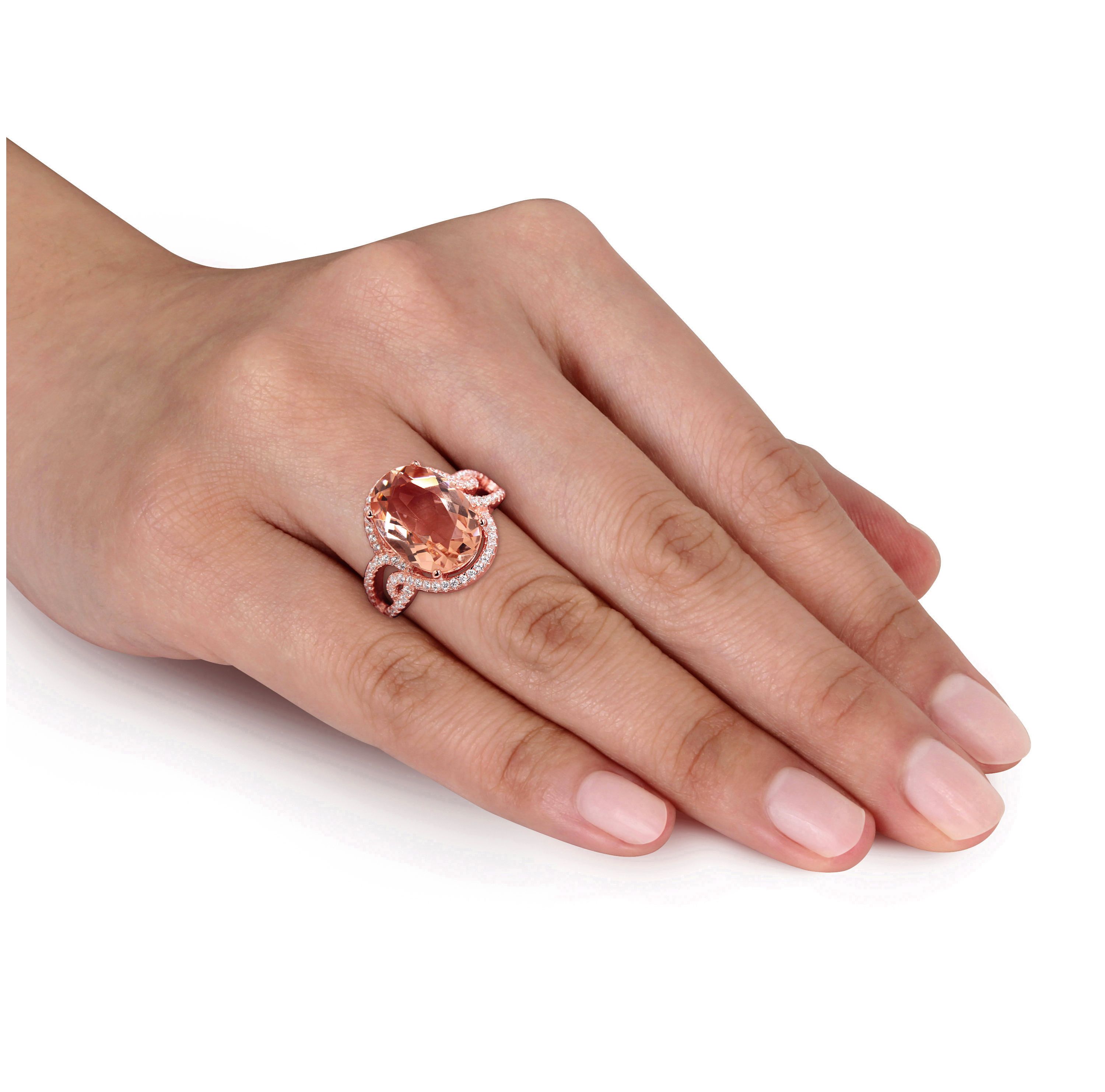 Simulated Morganite and Cubic Zirconia Halo Ring in Rose Plated Sterling Silver