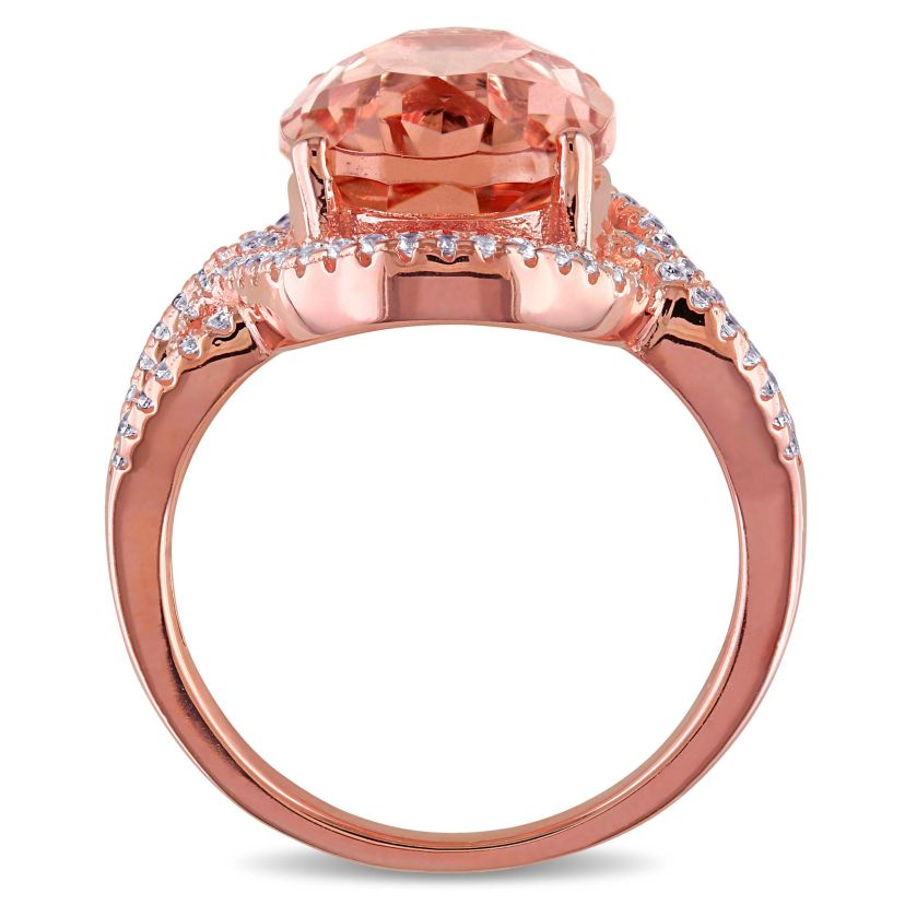 Simulated Morganite and Cubic Zirconia Halo Ring in Rose Plated Sterling Silver