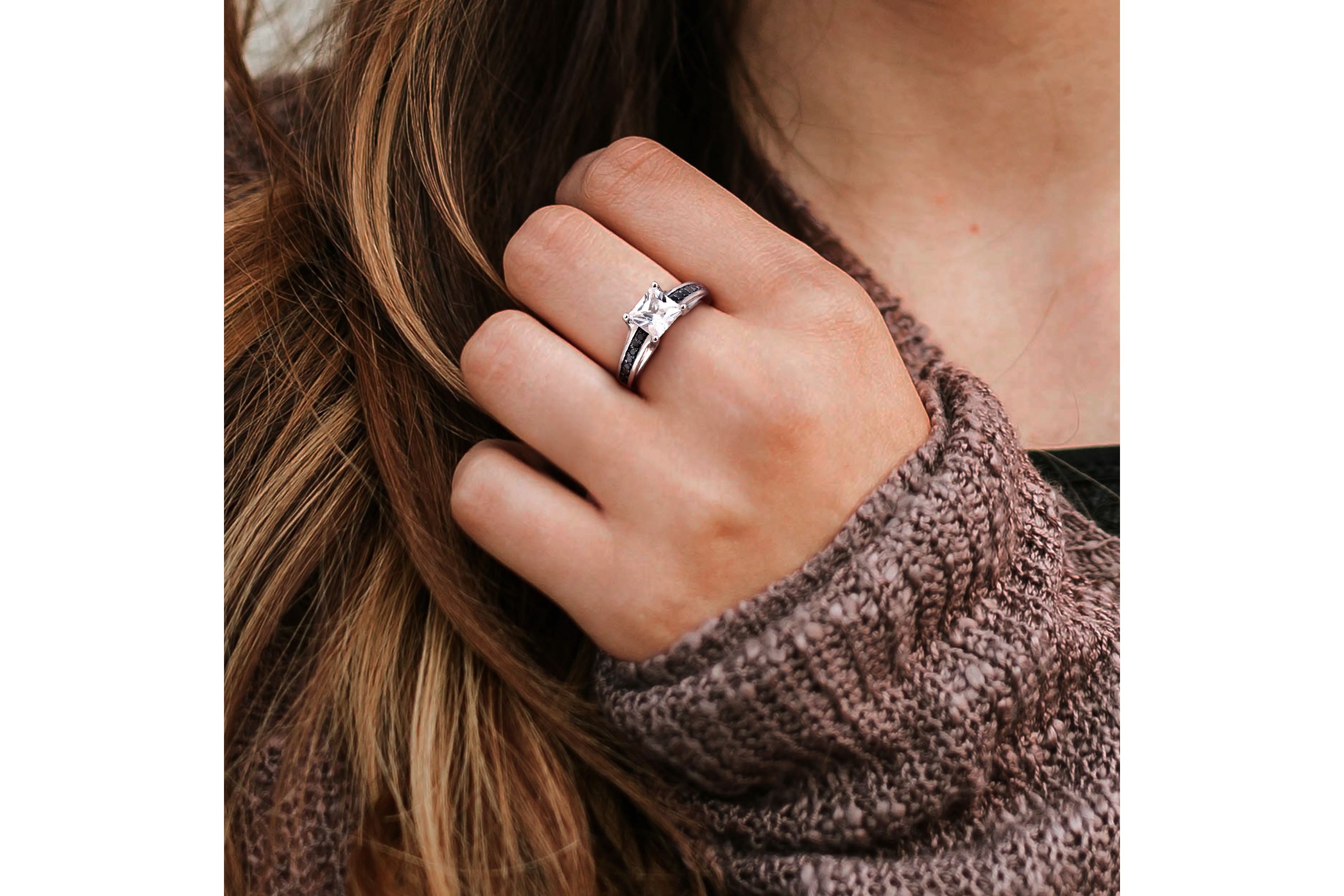 Lab Created Created White Sapphire and 1/7 ct. t.w. Black Diamond Ring in Sterling Silver with Black Rhodium Plated
