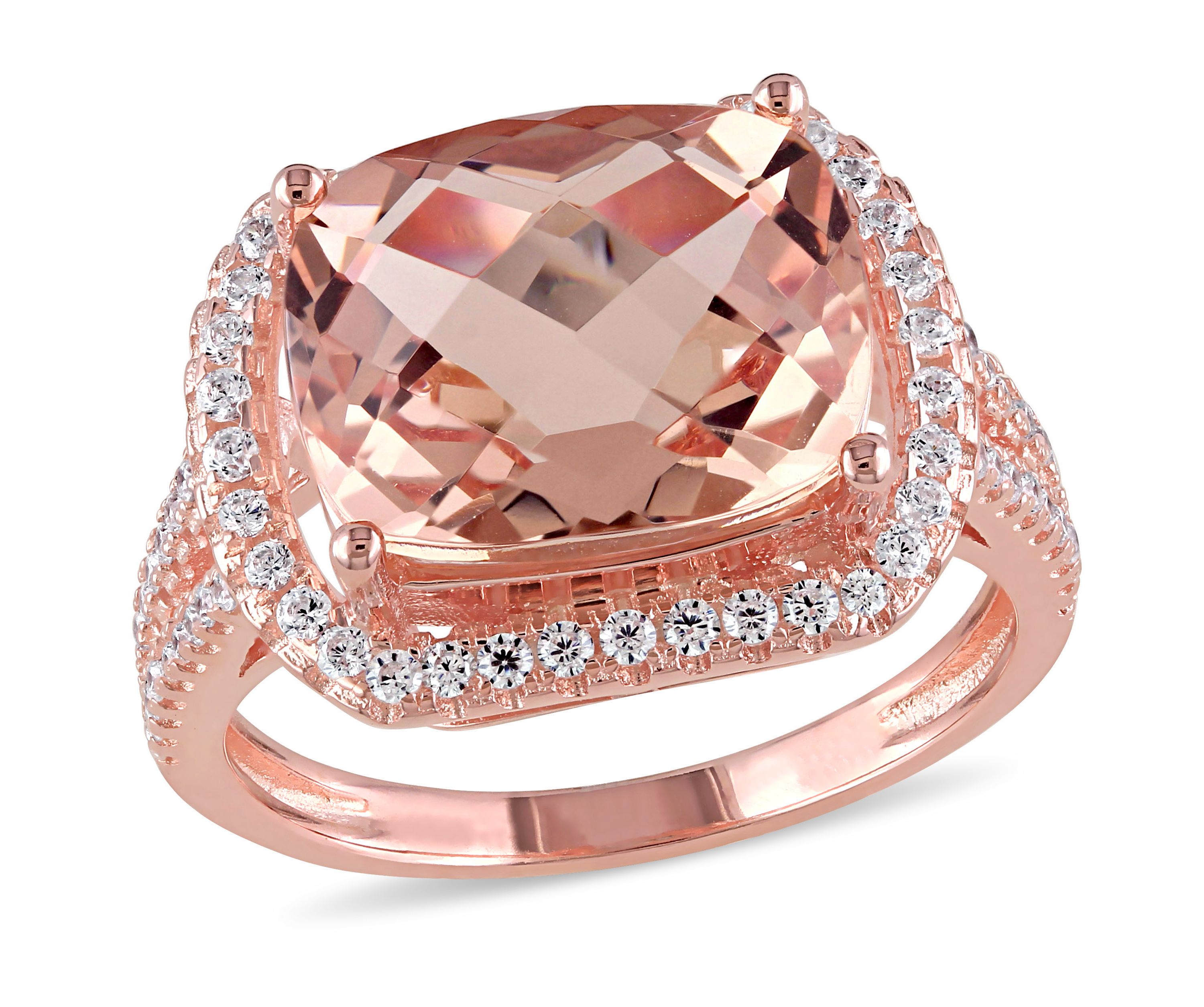 Simulated Morganite and Cubic Zirconia Halo Ring in Rose Plated Sterling Silver