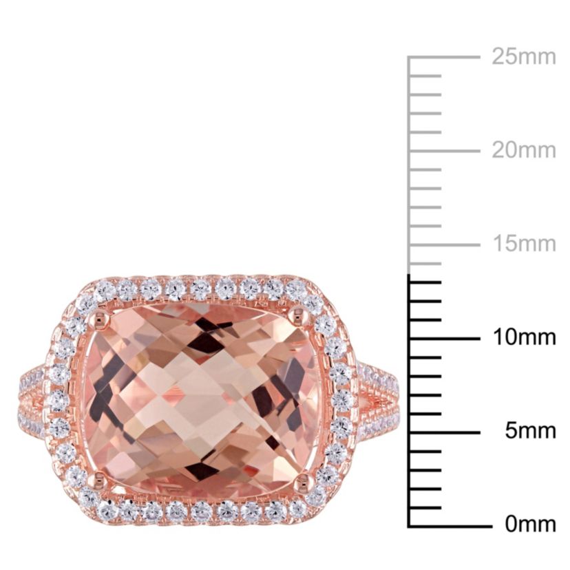 Simulated Morganite and Cubic Zirconia Halo Ring in Rose Plated Sterling Silver