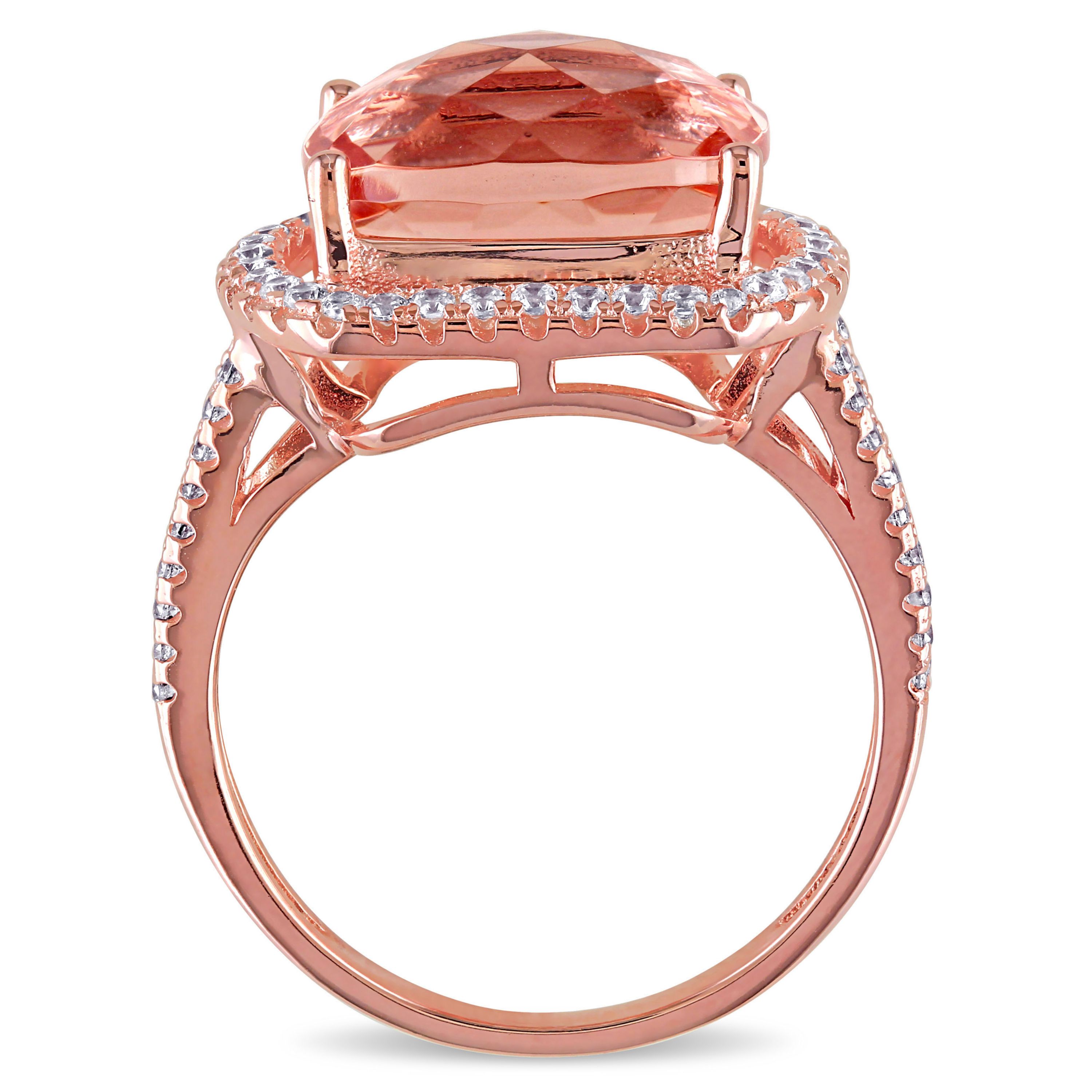 Simulated Morganite and Cubic Zirconia Halo Ring in Rose Plated Sterling Silver