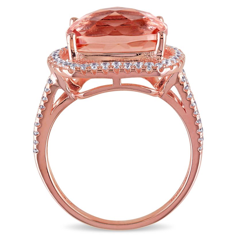 Simulated Morganite and Cubic Zirconia Halo Ring in Rose Plated Sterling Silver