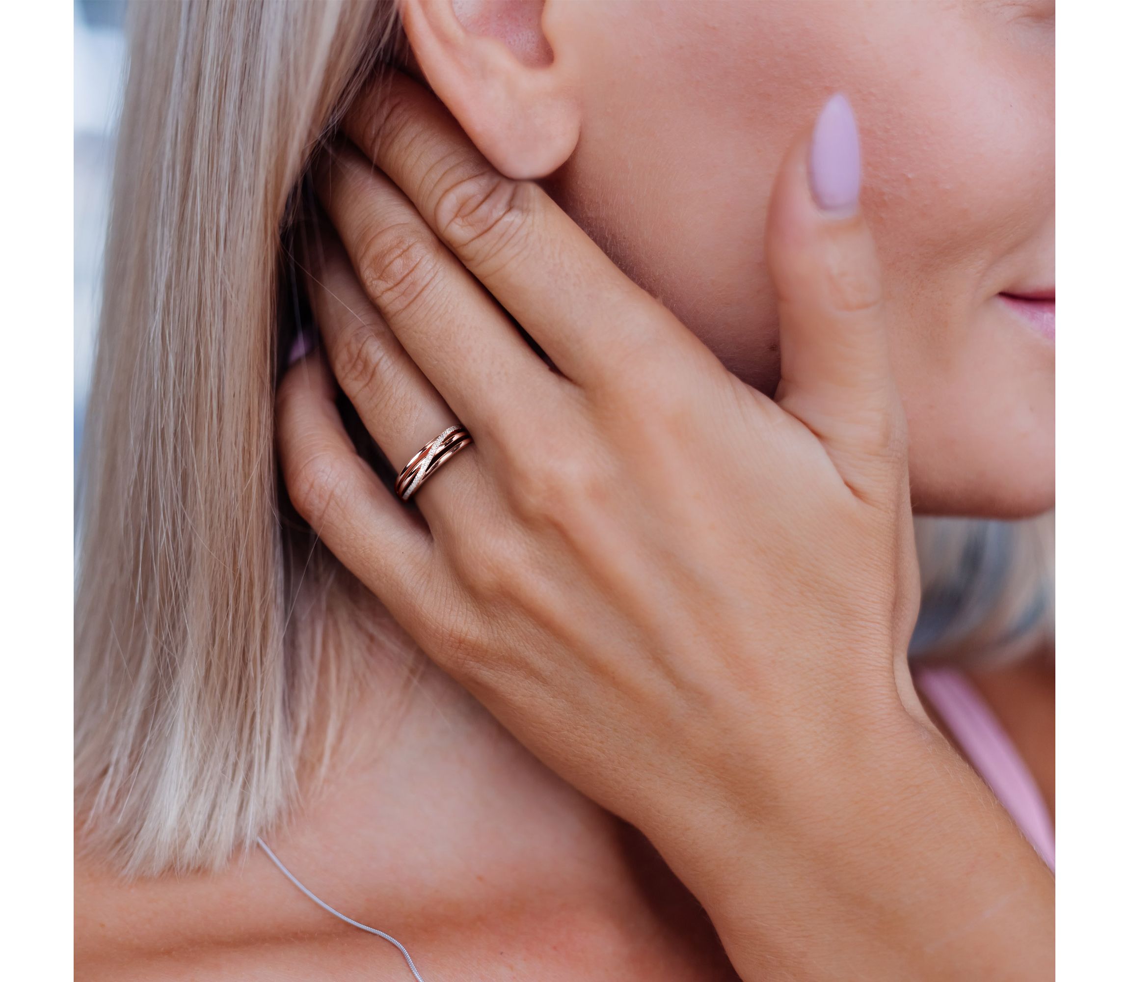 Diamond Accent Crossover Ring in Rose Plated Sterling Silver