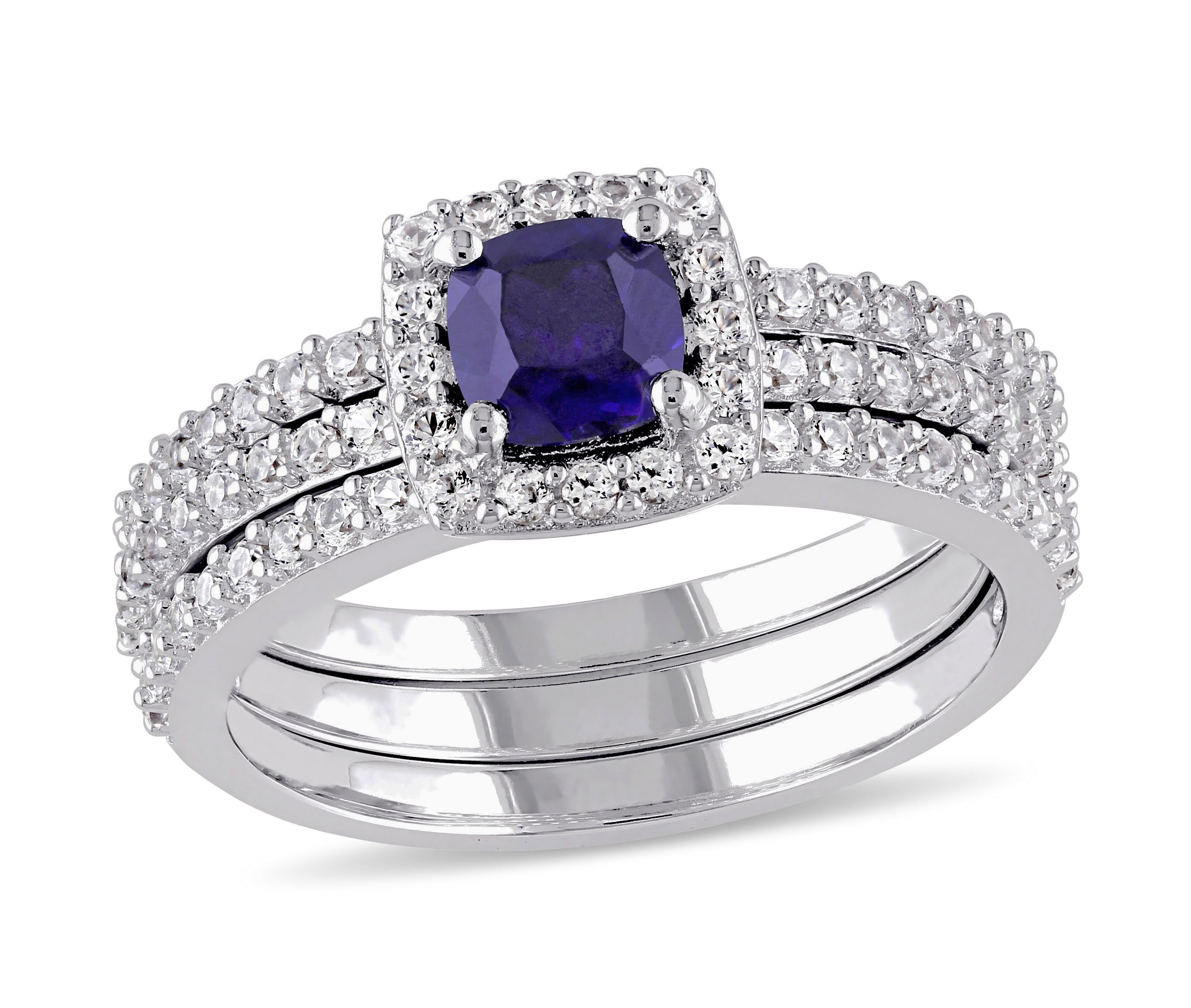 Lab Created Created Blue Sapphire and Created White Sapphire Bridal Ring Set in Sterling Silver